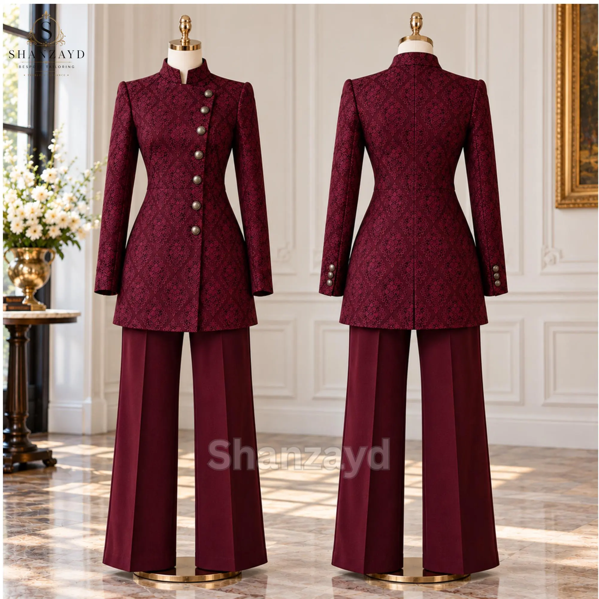 Women's Burgundy Brocade Suit, Victorian Military Jacket, Gothic Pantsuit, Steampunk Blazer, Wide Leg Trousers, Prom Suit - image 3