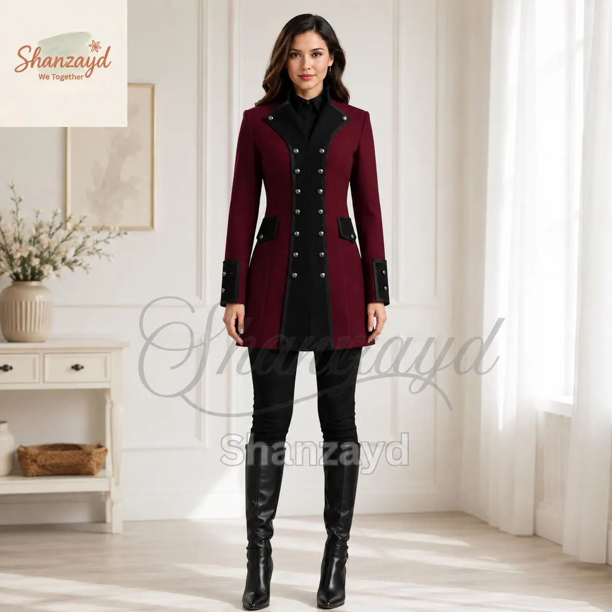 Burgundy Military Coat Women, Gothic Victorian Jacket, Steampunk Tailcoat, Regency Coat, Womens Long Formal Blazer - image 3