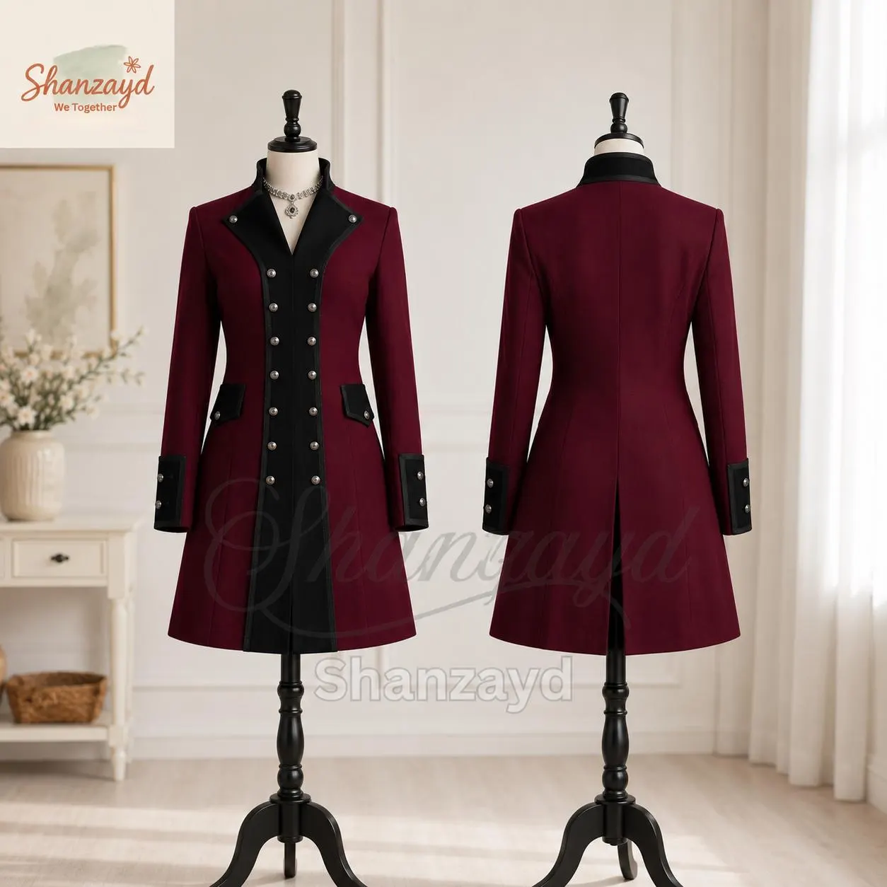 Burgundy Military Coat Women, Gothic Victorian Jacket, Steampunk Tailcoat, Regency Coat, Womens Long Formal Blazer - image 4