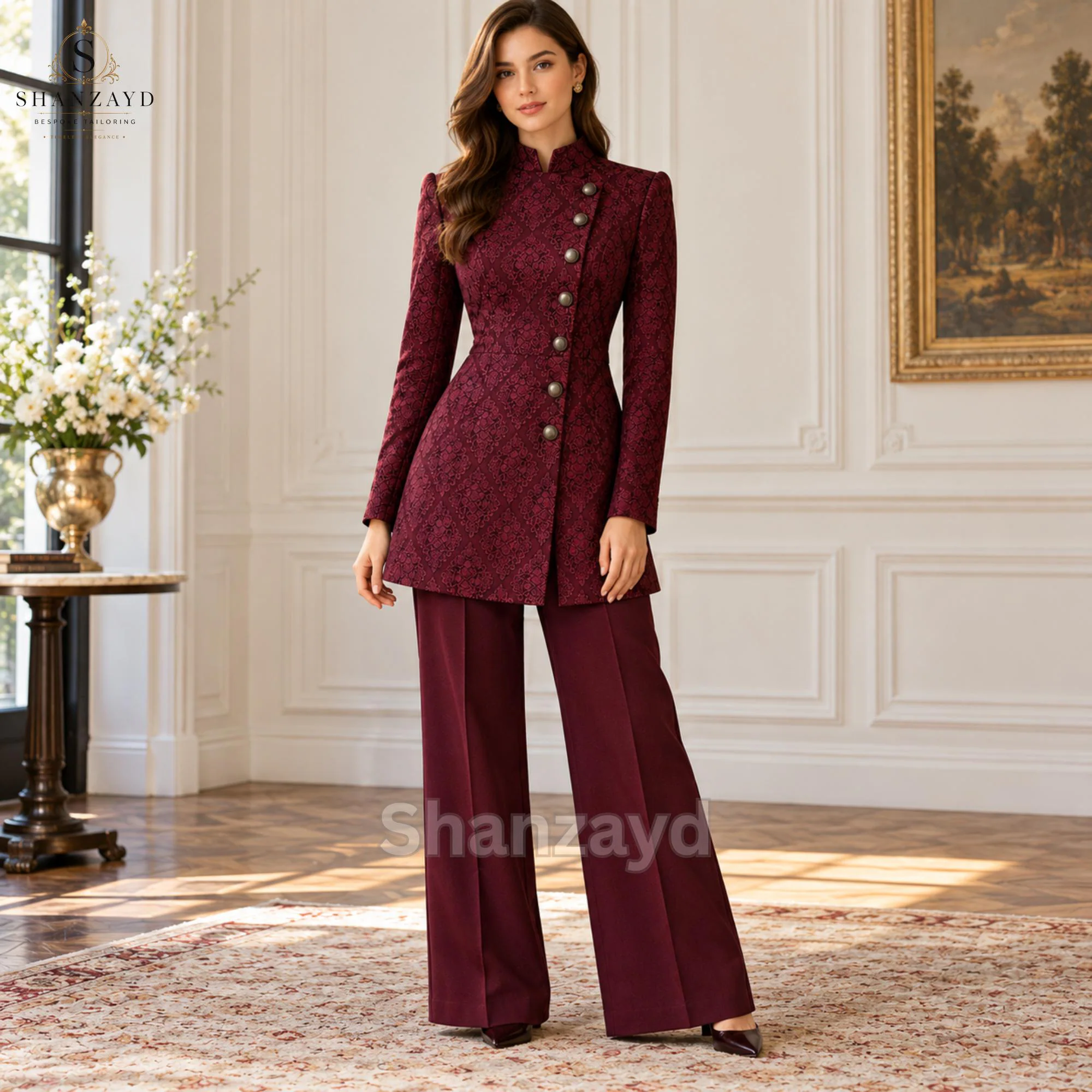 Women's Burgundy Brocade Suit, Victorian Military Jacket, Gothic Pantsuit, Steampunk Blazer, Wide Leg Trousers, Prom Suit - image 4