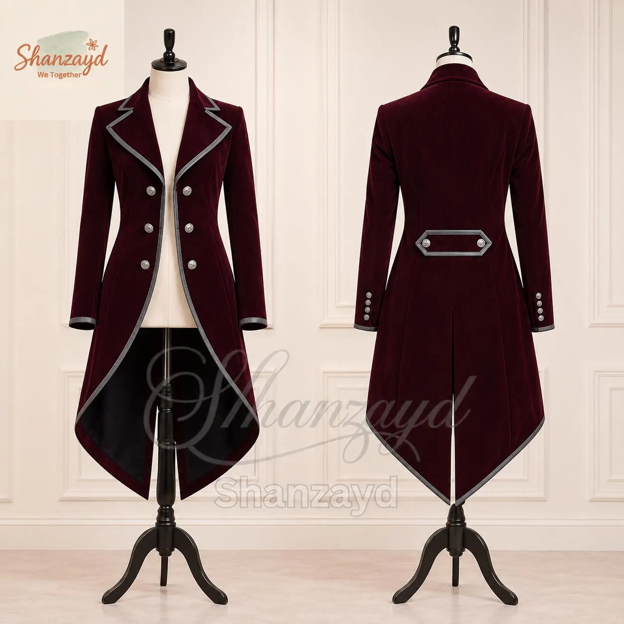 Womens Gothic Victorian Tailcoat Jacket, Burgundy Velvet Steampunk Coat, Military Style Frock Coat, Gothic Winter Long Coat - image 3