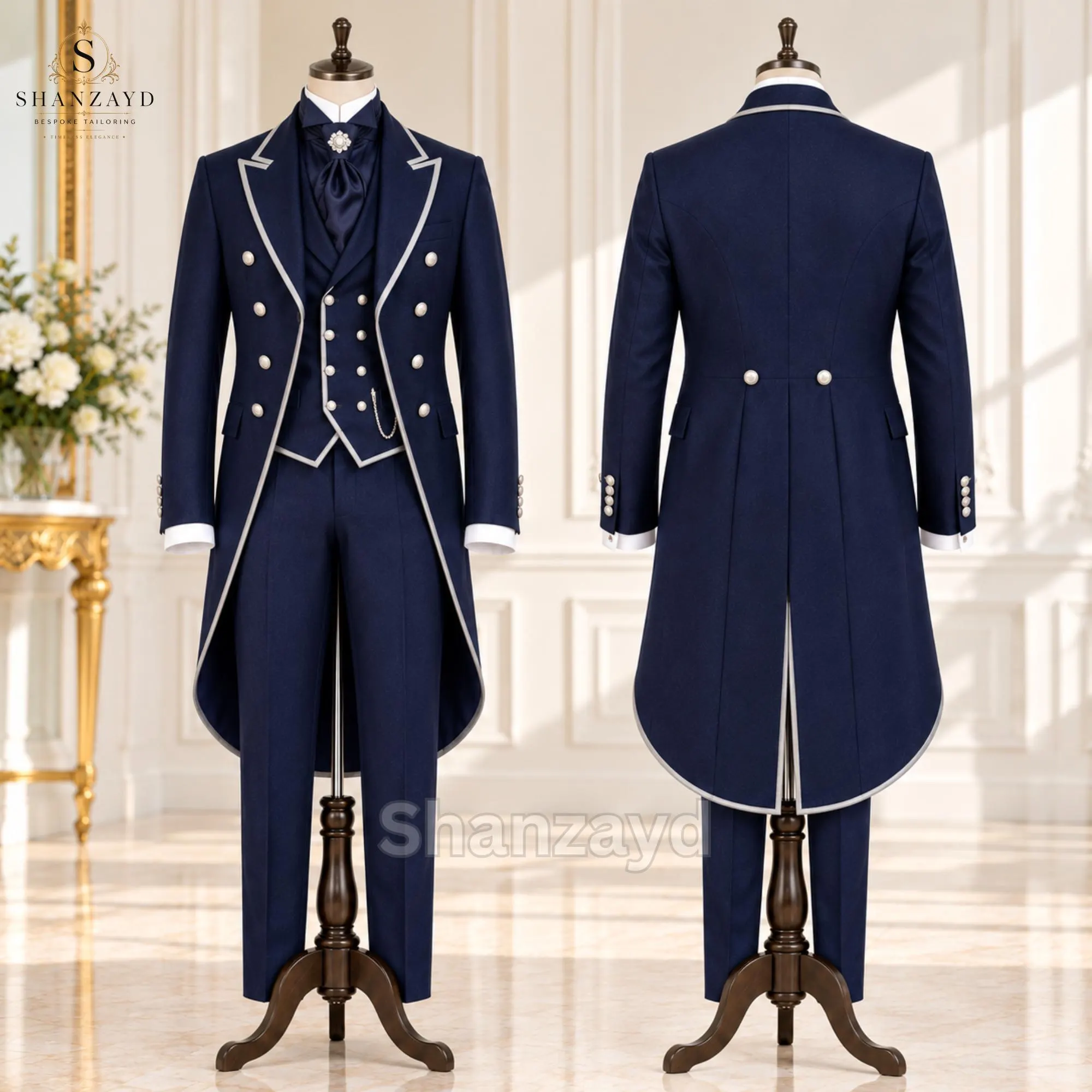 Men's Navy Victorian Suit, 3 Piece Frock Coat, Regency Tailcoat Suit, Gothic Wedding Suit, Custom Made Formal Outfit - image 3