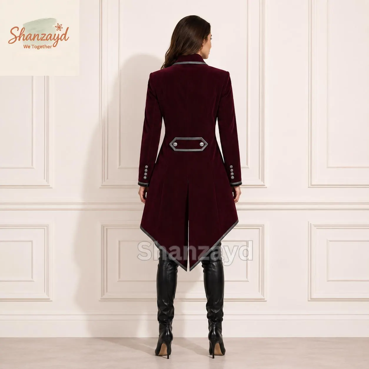 Womens Gothic Victorian Tailcoat Jacket, Burgundy Velvet Steampunk Coat, Military Style Frock Coat, Gothic Winter Long Coat - image 4