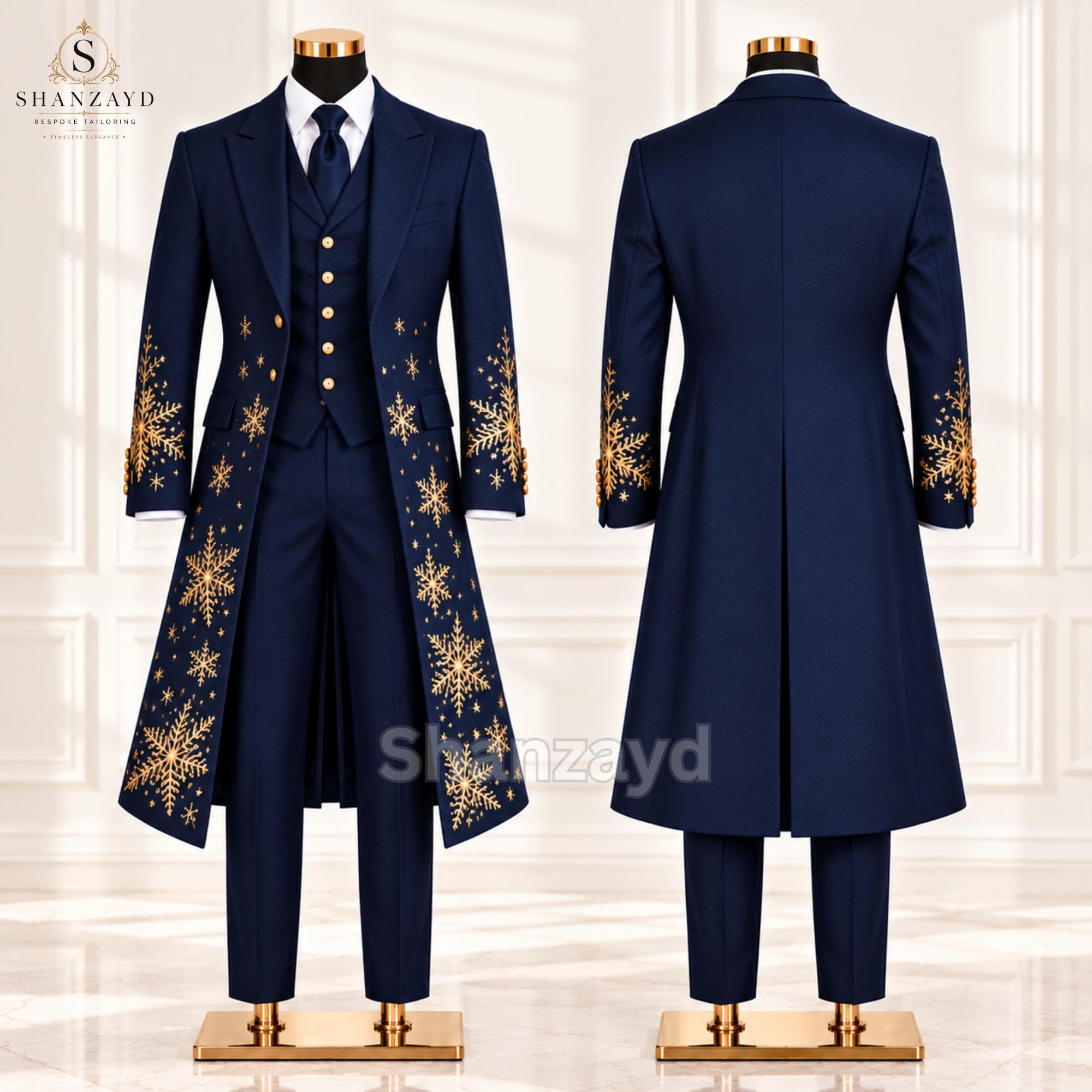 Mens Christmas Suit, Navy Blue Gold Snowflake Embroidered Tuxedo, Christmas Wedding Groom Suit, Holiday Party Formal Outfit - image 3