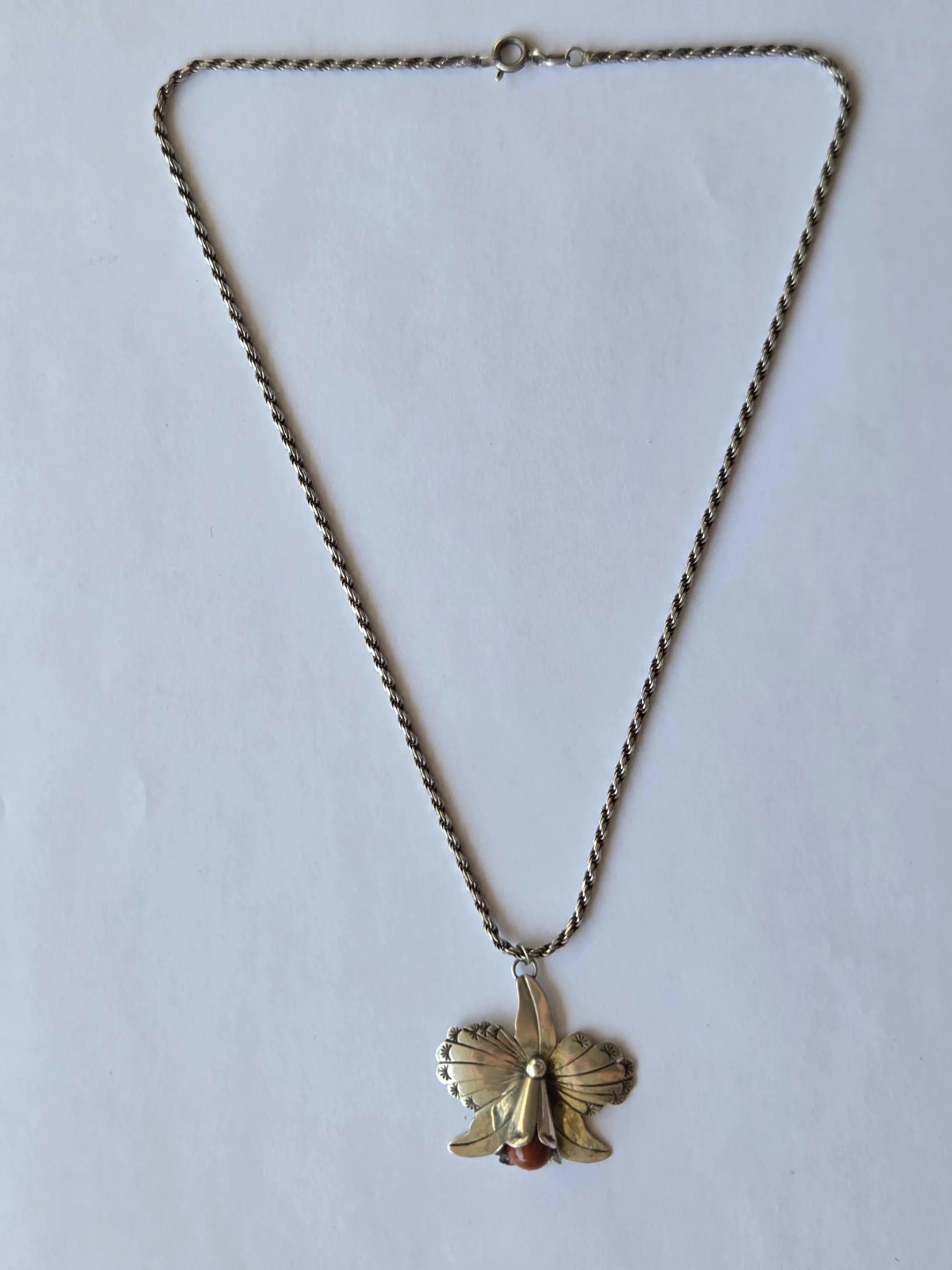 Vintage Southwestern Sterling Silver Orchid Pendant Necklace | Hand-Stamped Navajo-Style Flower | Red Jasper | 925 Italy Rope Chain 18" - image 3