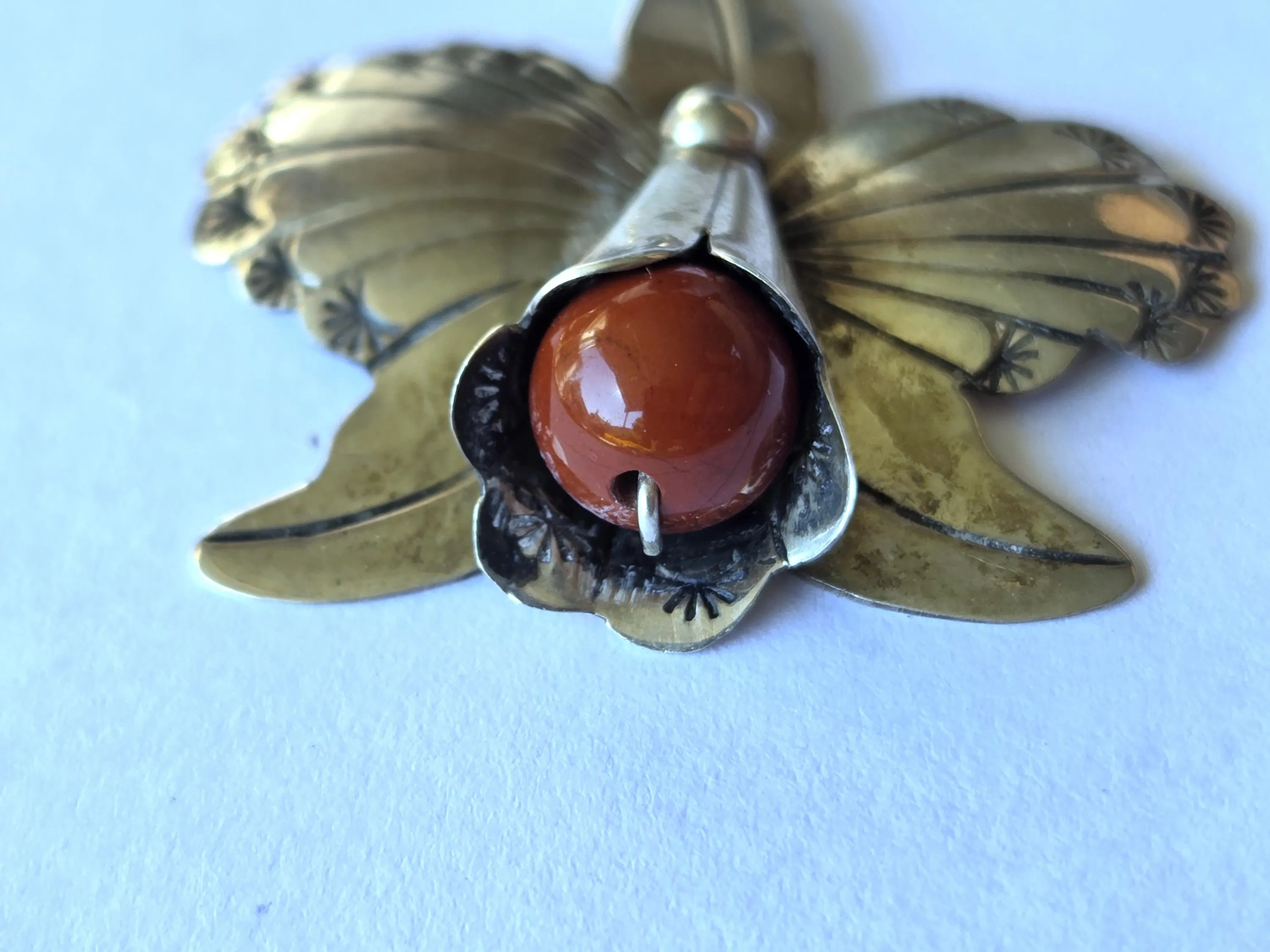 Vintage Southwestern Sterling Silver Orchid Pendant Necklace | Hand-Stamped Navajo-Style Flower | Red Jasper | 925 Italy Rope Chain 18" - image 5