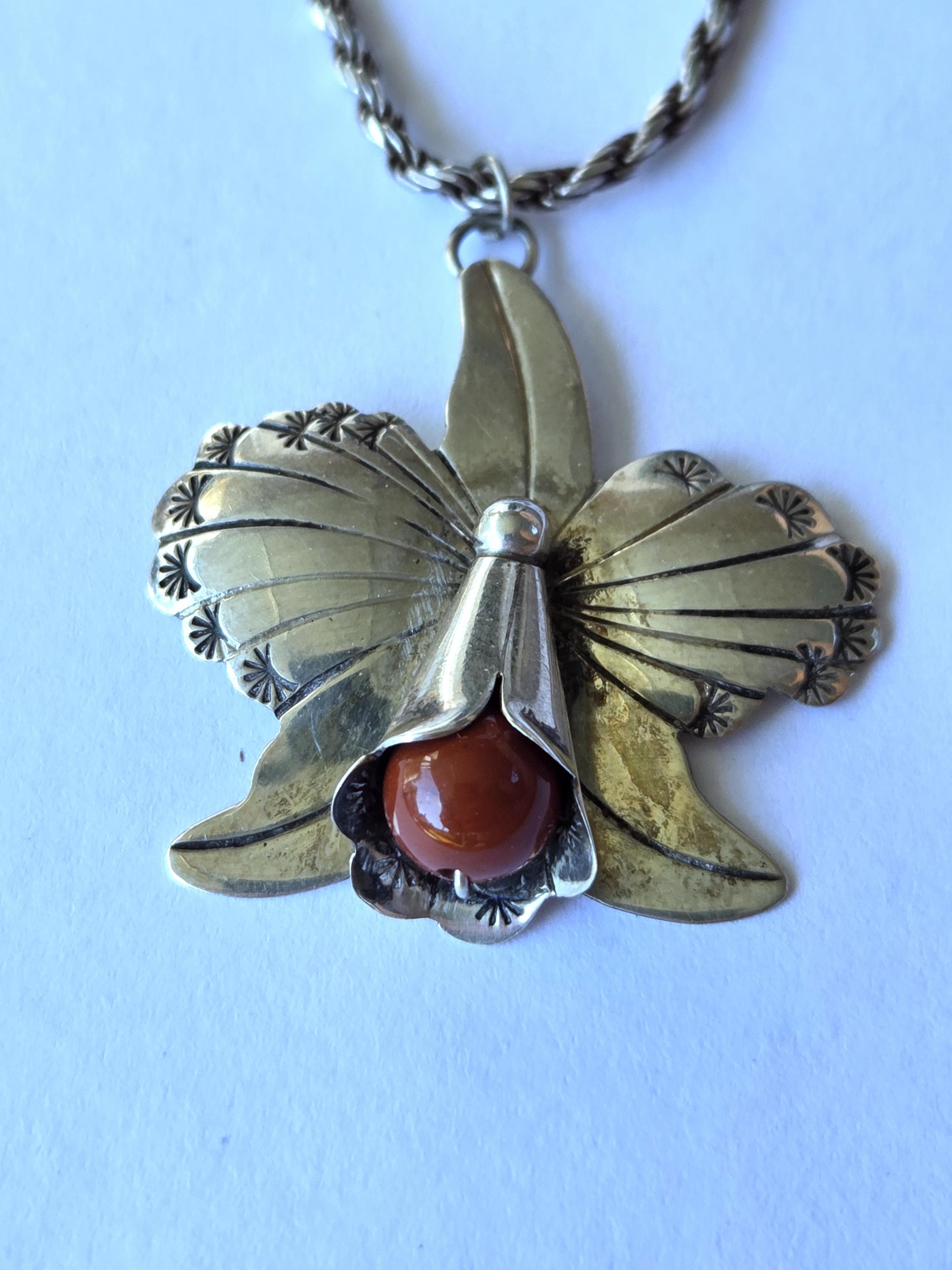 Vintage Southwestern Sterling Silver Orchid Pendant Necklace | Hand-Stamped Navajo-Style Flower | Red Jasper | 925 Italy Rope Chain 18" - image 4