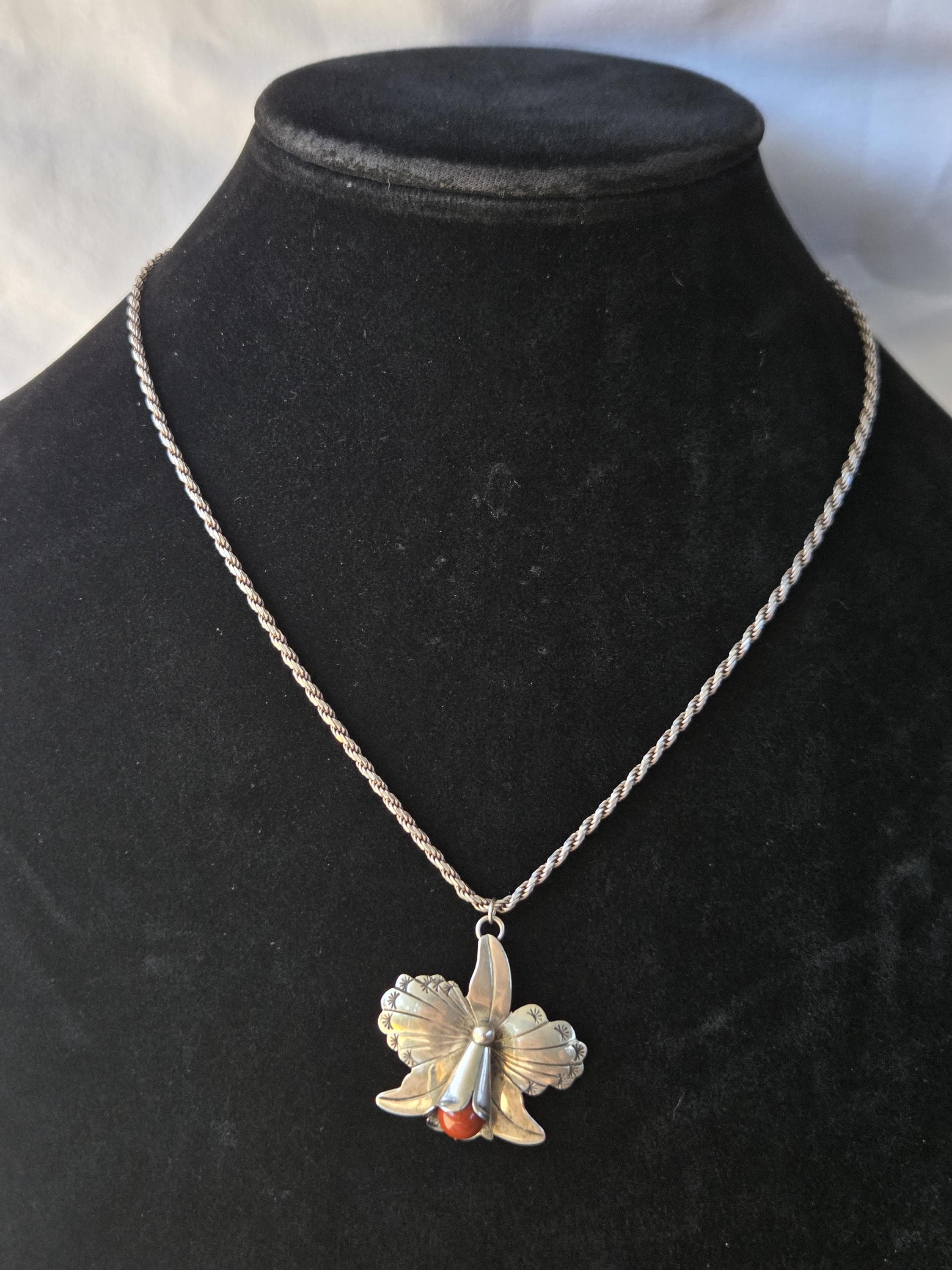 Vintage Southwestern Sterling Silver Orchid Pendant Necklace | Hand-Stamped Navajo-Style Flower | Red Jasper | 925 Italy Rope Chain 18"