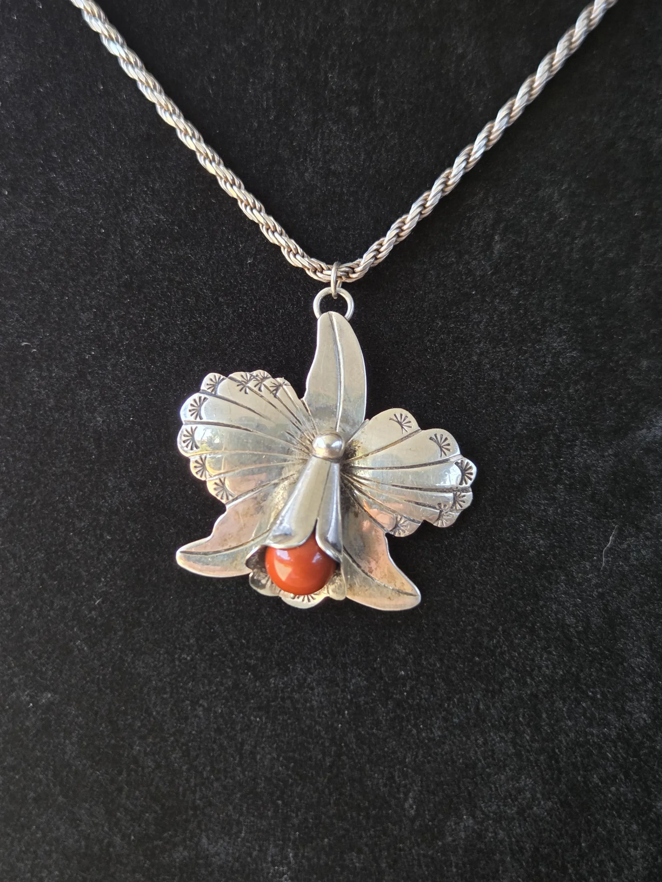 Vintage Southwestern Sterling Silver Orchid Pendant Necklace | Hand-Stamped Navajo-Style Flower | Red Jasper | 925 Italy Rope Chain 18" - image 2