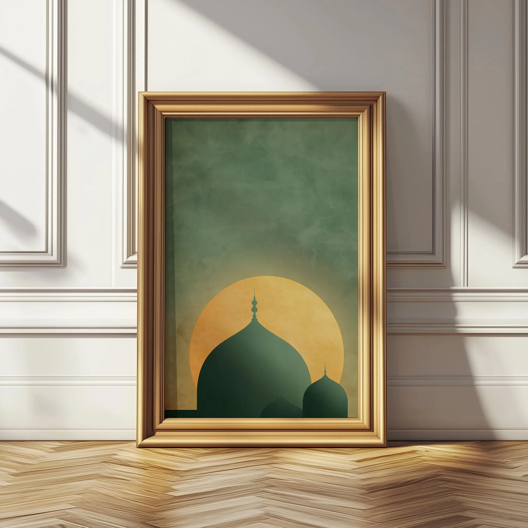 Islamic Wall Art Masjid Silhouette Minimal Green Gold Print Modern Muslim Home Decor Digital Download Ramadan Eid Decor Gift