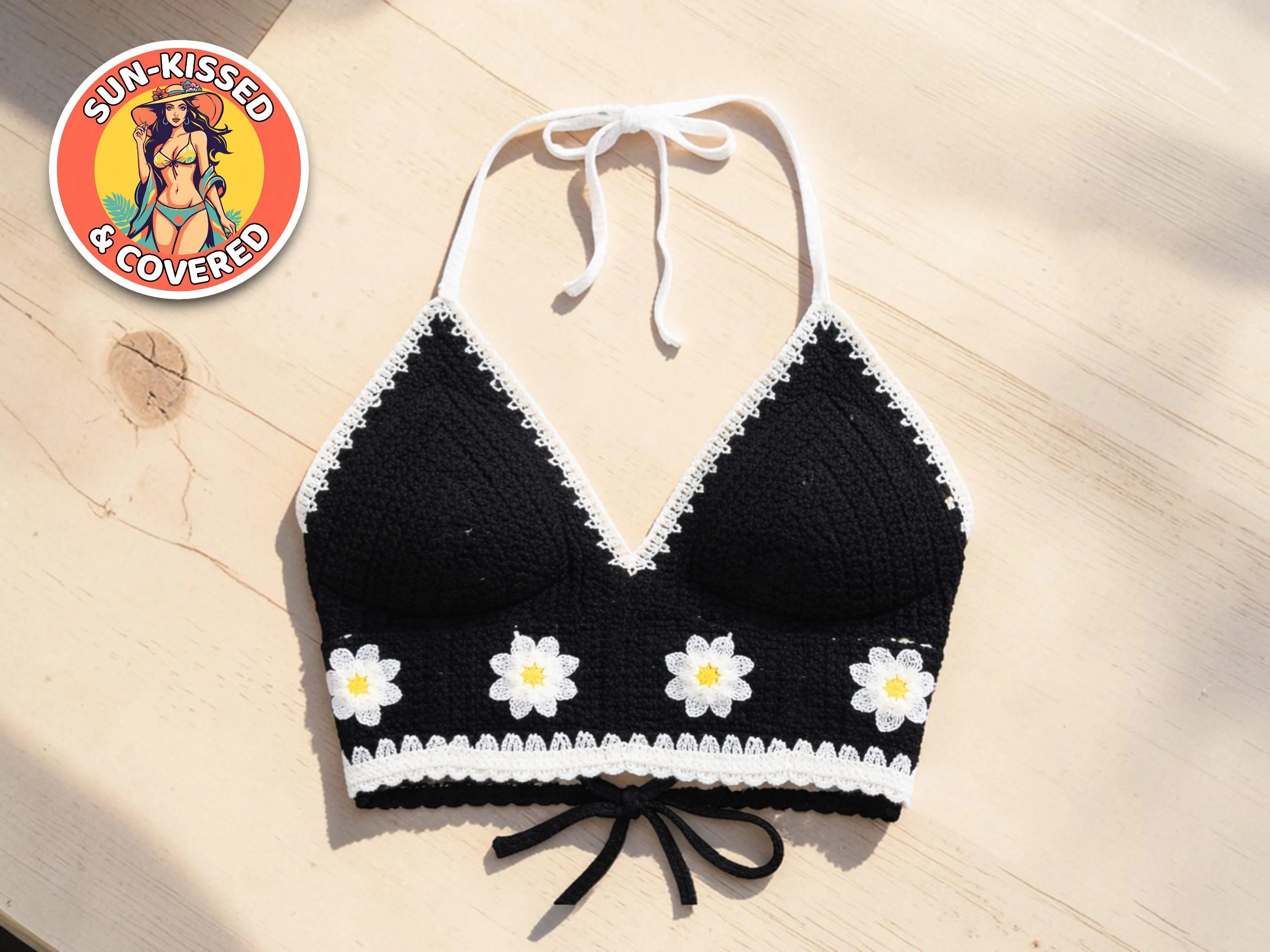 Floral Crochet Halter Top | Daisy Knit Bralette, Backless Summer Beachwear