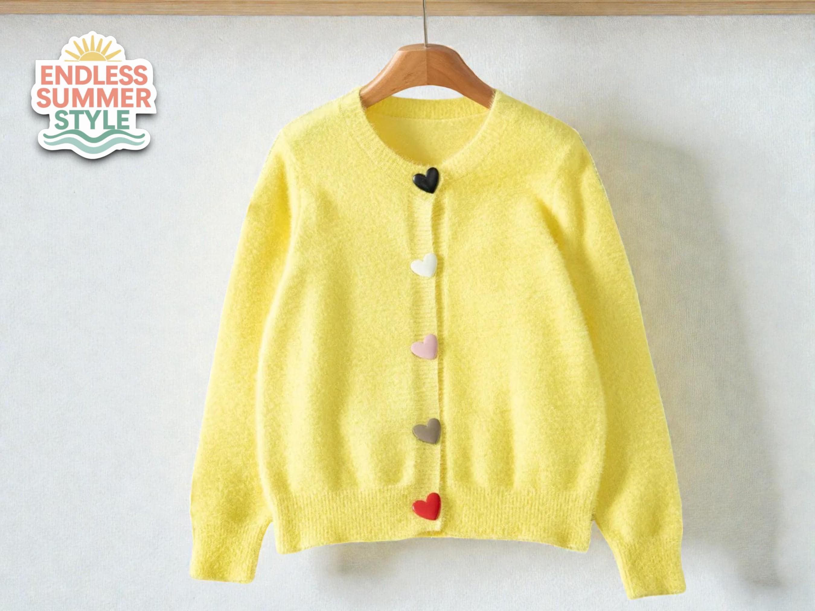 Yellow Heart Button Cardigan | Women’s Fluffy Knit Sweater | Round Neck Long Sleeve | Soft Fuzzy Layering Top | Sweet Preppy Winter Look