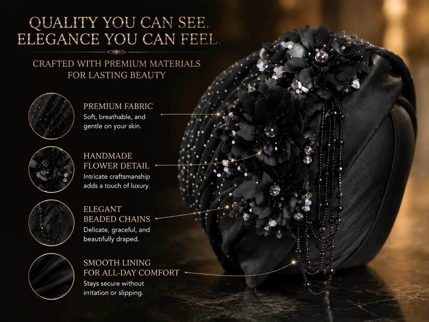 Women's Turban Cap, Elegant Beaded Head Wrap, Pleated Fashion Hijab Hat - image 5
