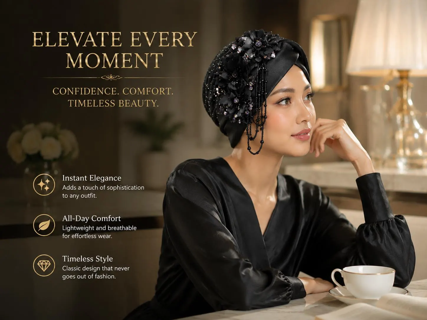 Women's Turban Cap, Elegant Beaded Head Wrap, Pleated Fashion Hijab Hat - image 2