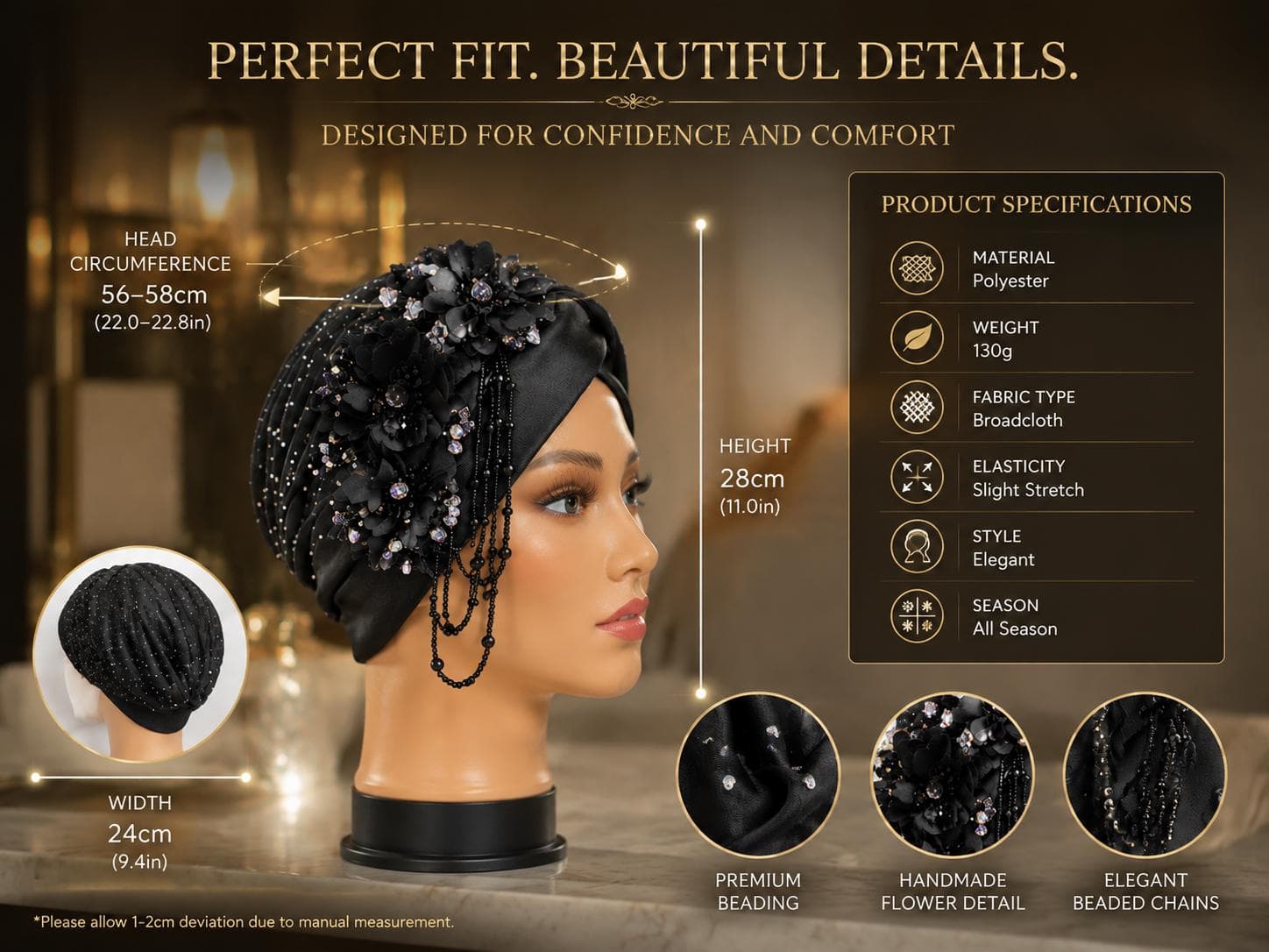 Women's Turban Cap, Elegant Beaded Head Wrap, Pleated Fashion Hijab Hat - image 3