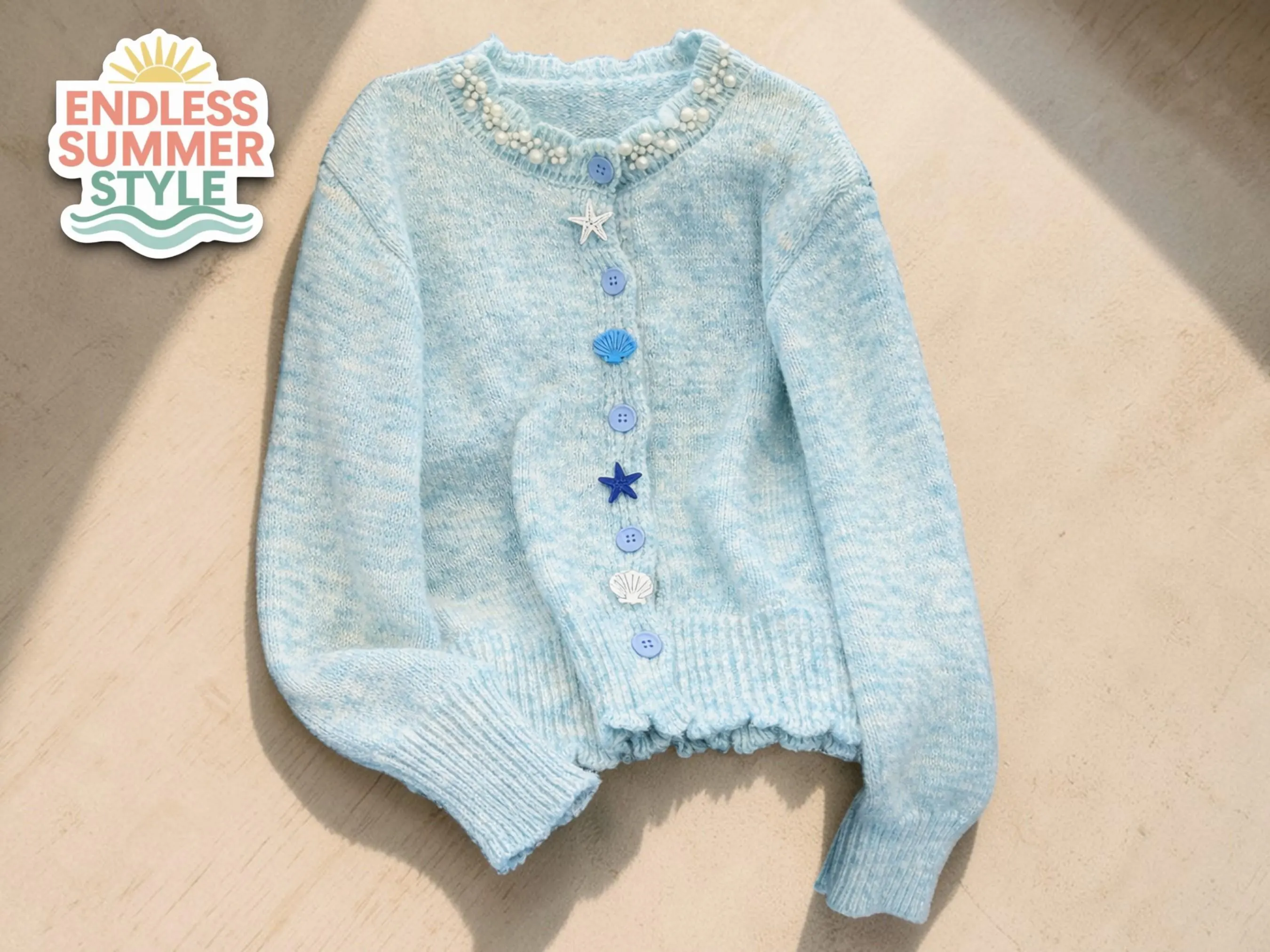 Pearl Collar Knit Cardigan | Starfish Seashell Charm Sweater