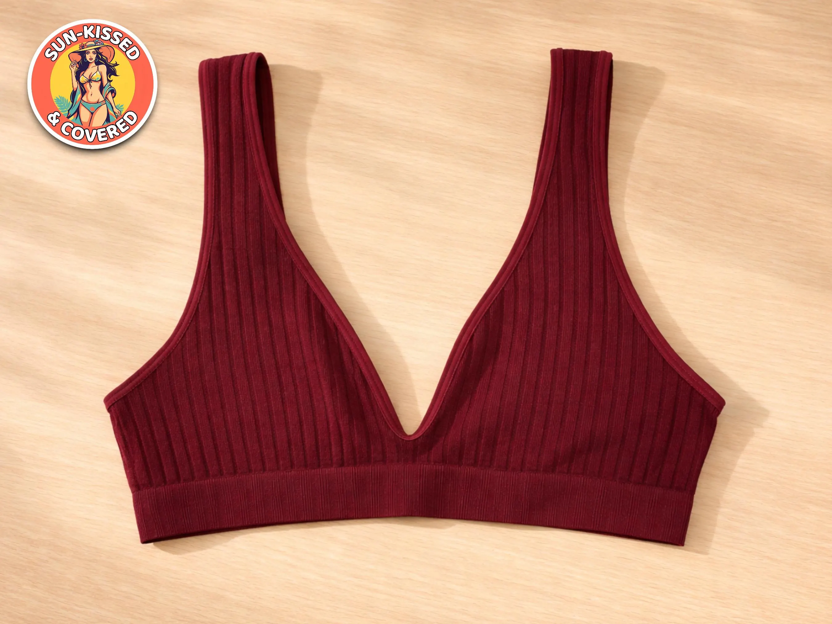 Women's Ribbed V-Neck Seamless Bra | Soft Stretch Knit Lounge Sleepwear