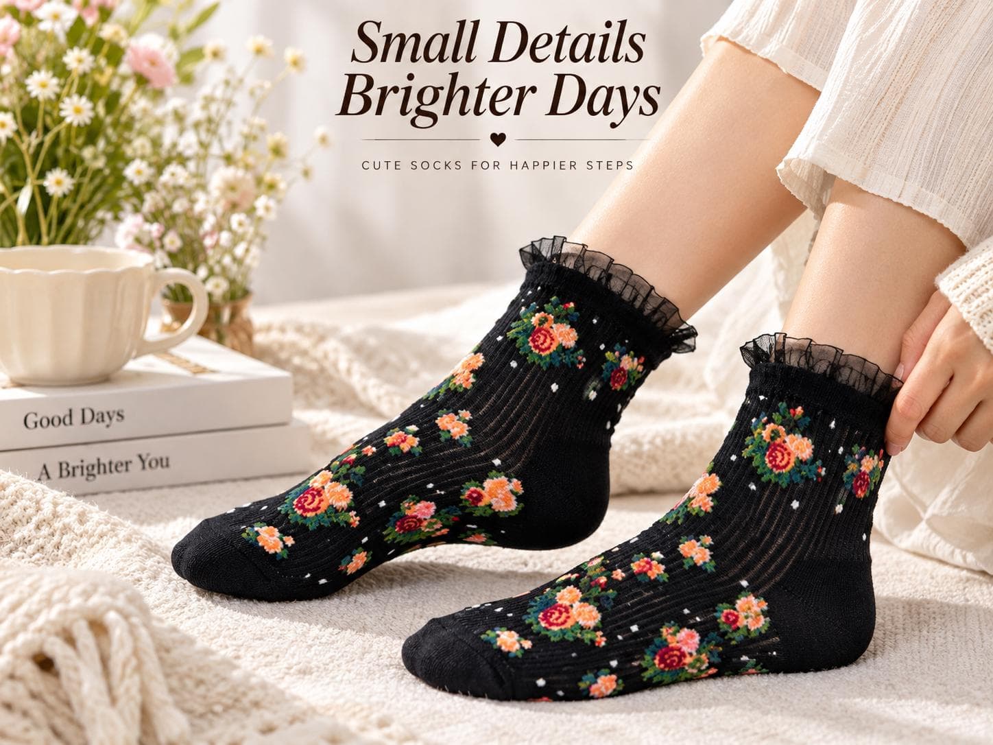 Floral Embroidered Sheer Ankle Socks Lace Ruffle Cuff Lightweight Knit Casual Footwear Spring Summer