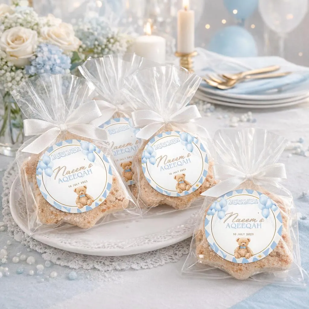 Baby Boy Aqiqah Favour Stickers | Teddy Bear Blue Theme | CANVA Template - image 3