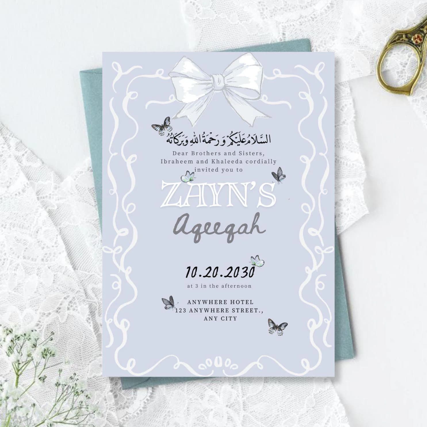Baby Boy Aqeeqah Muslim birth announcement Invitation Template-Baby Blue with Butterfly elements