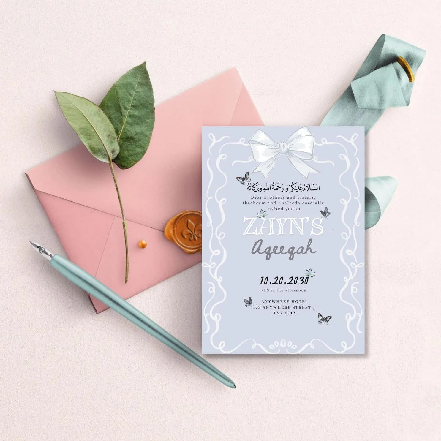 Baby Boy Aqeeqah Muslim birth announcement Invitation Template-Baby Blue with Butterfly elements - image 5