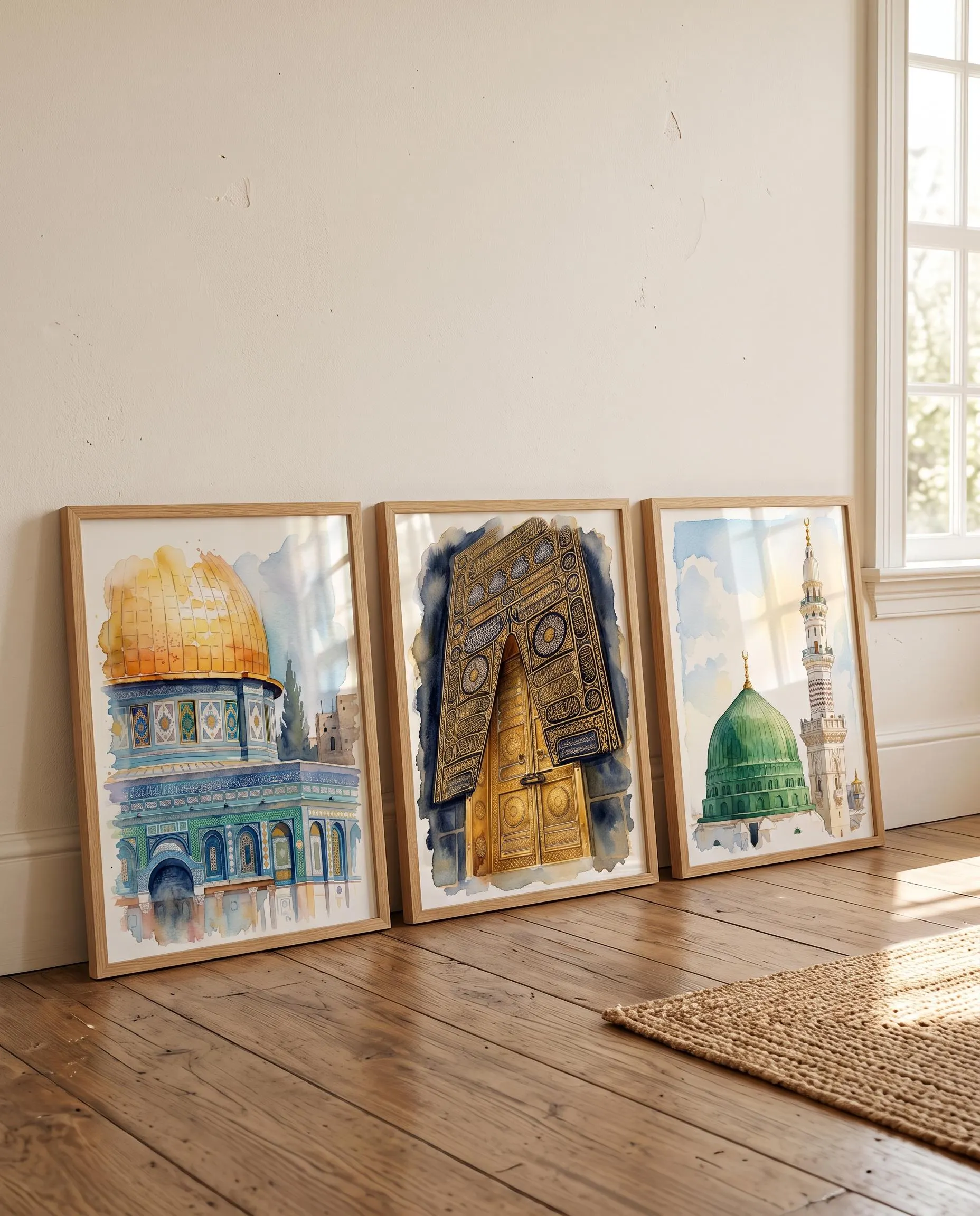 Islamic Poster Set of 3 | Kaaba, An Nabawi, Al Aqsa Watercolor Painting, Muslim Holy Sites Wall Art Set