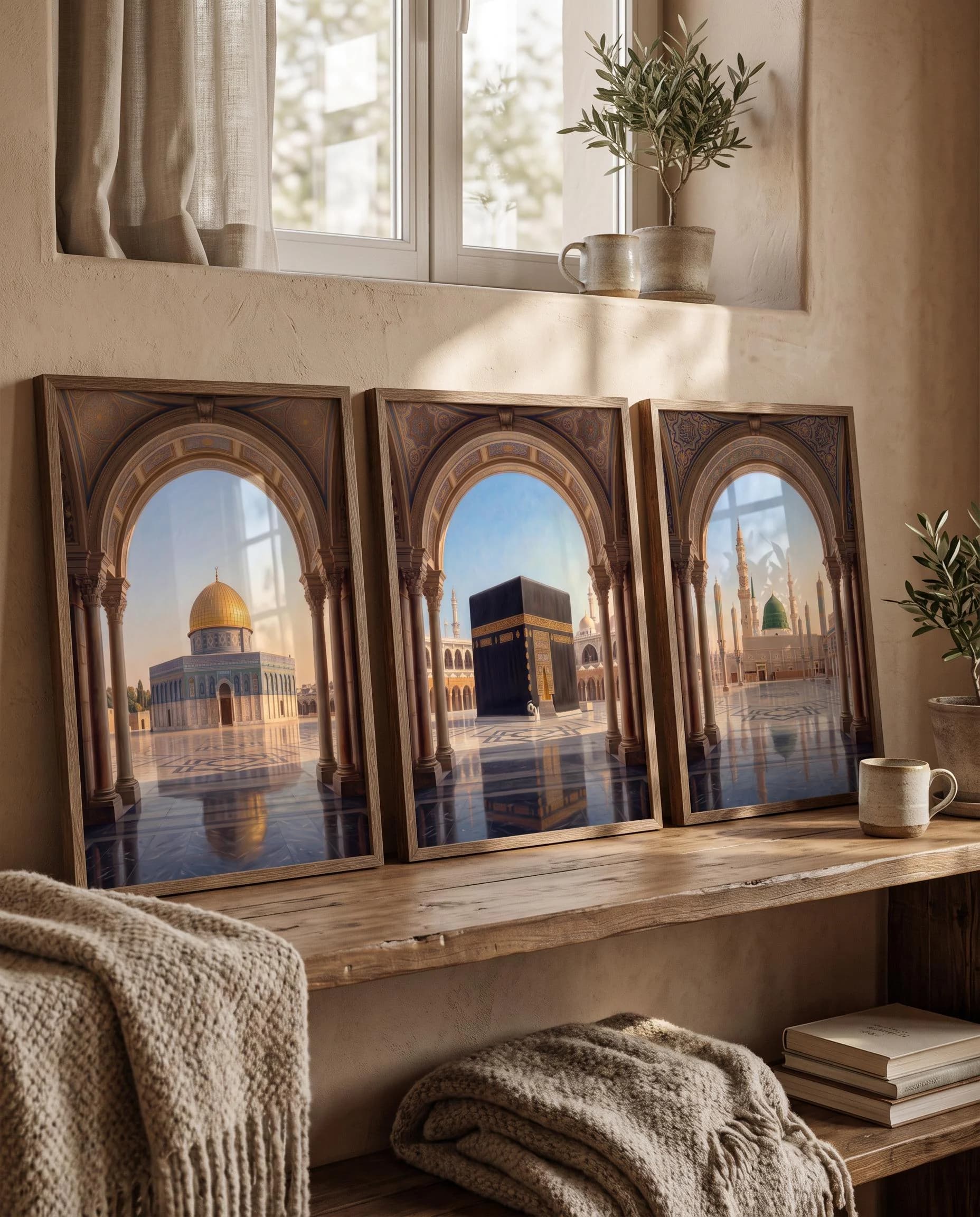 Islamic Neoclassical Wall Art Set of 3 | Kaaba, Al-Aqsa and Masjid An-Nabawi, Holy Sites Poster Set, Digital Download - image 4