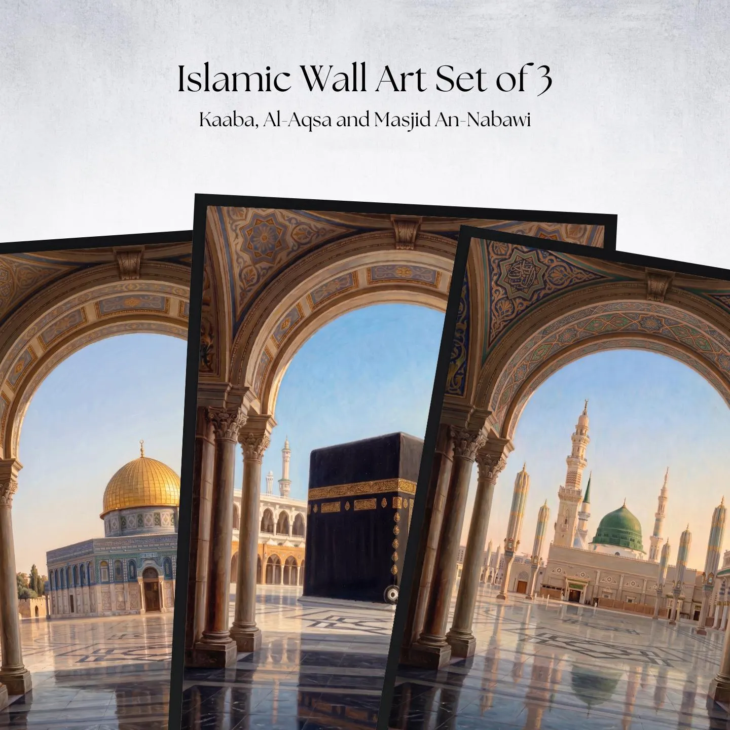 Islamic Neoclassical Wall Art Set of 3 | Kaaba, Al-Aqsa and Masjid An-Nabawi, Holy Sites Poster Set, Digital Download - image 3