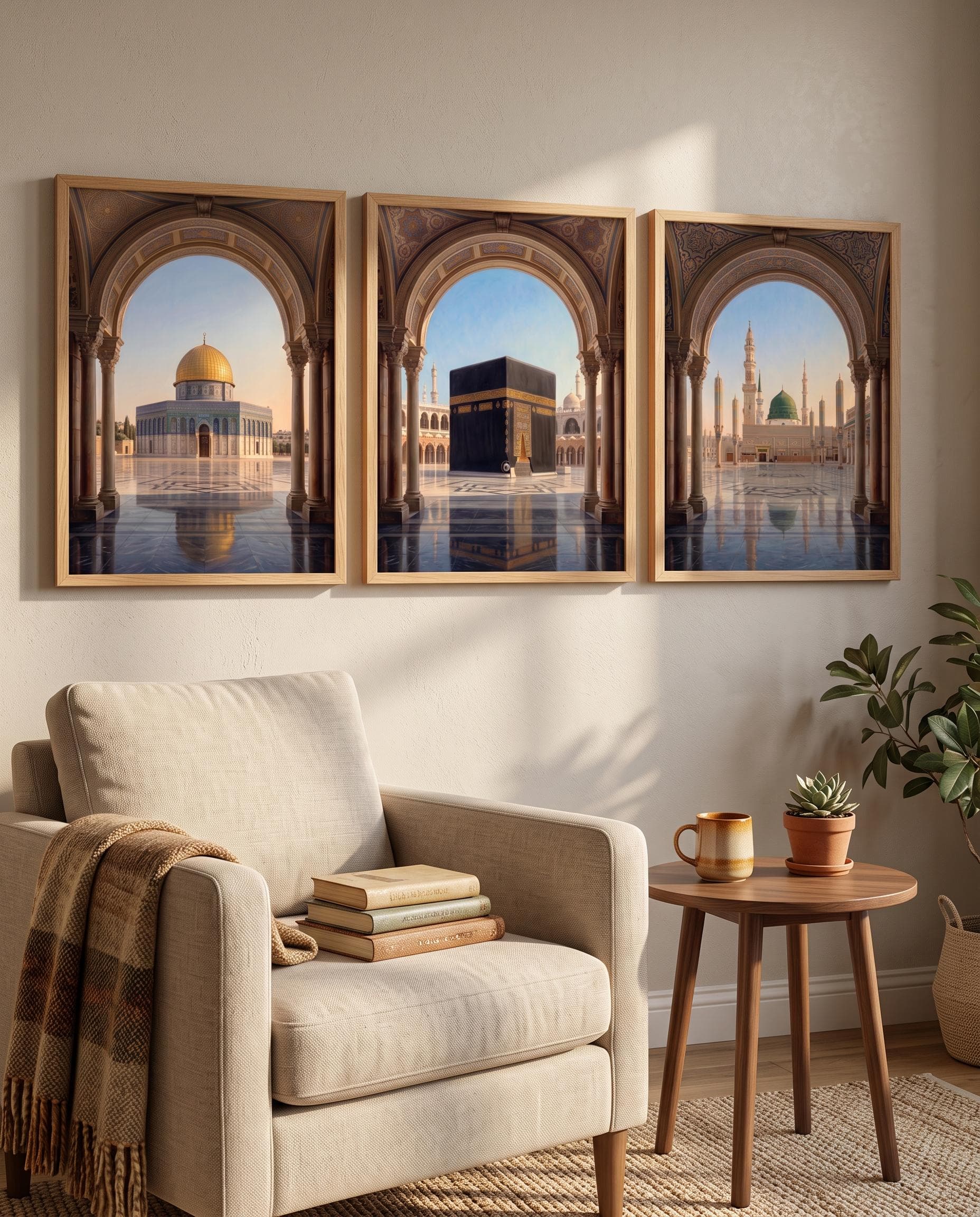 May include: A set of three framed wall art prints featuring architectural views of the Dome of the Rock, the Kaaba, and the Prophet's Mosque. Each print is encased in a light wood frame, displaying detailed arches and historic religious sites.