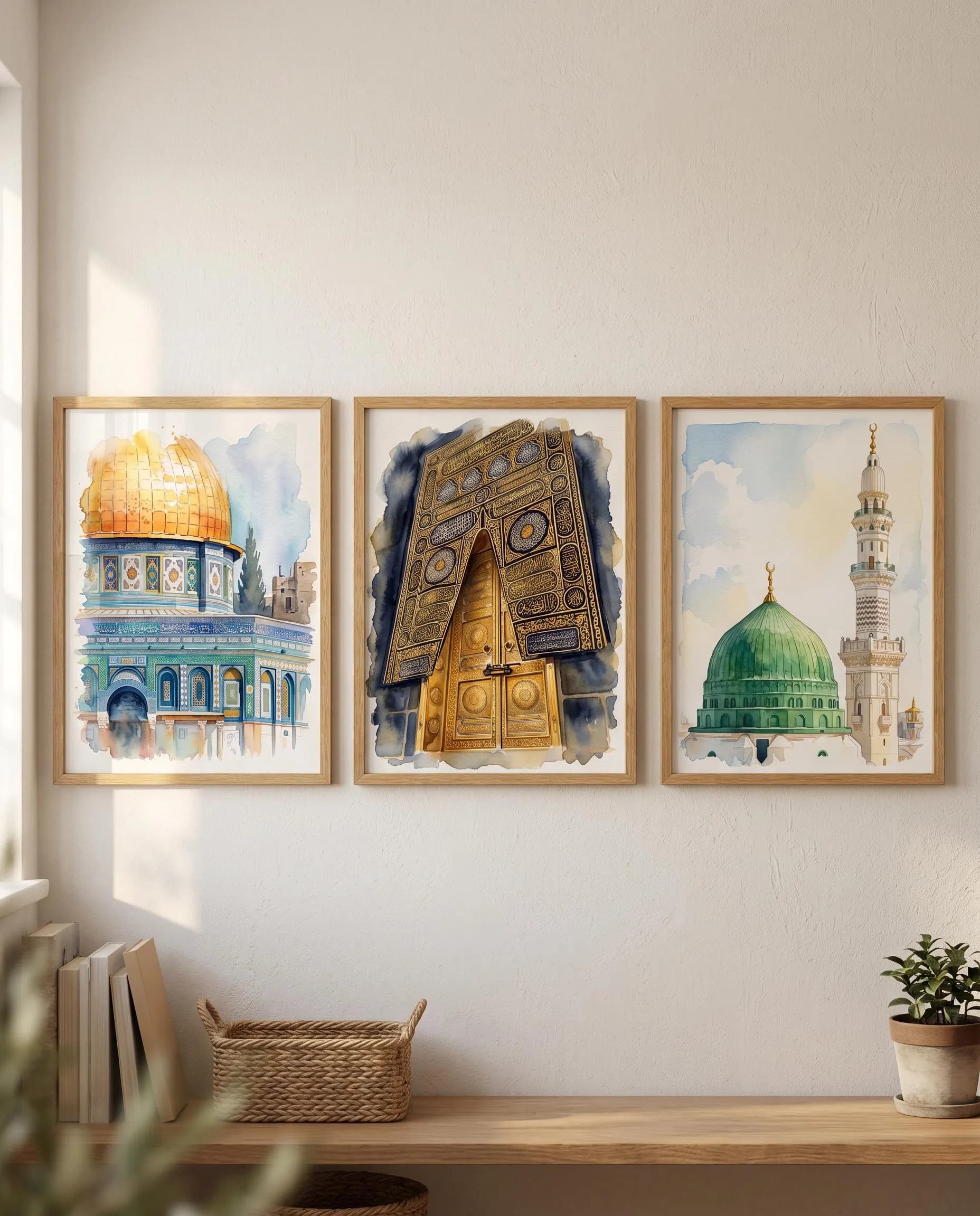 Islamic Poster Set of 3 | Kaaba, An Nabawi, Al Aqsa Watercolor Painting, Muslim Holy Sites Wall Art Set - image 4
