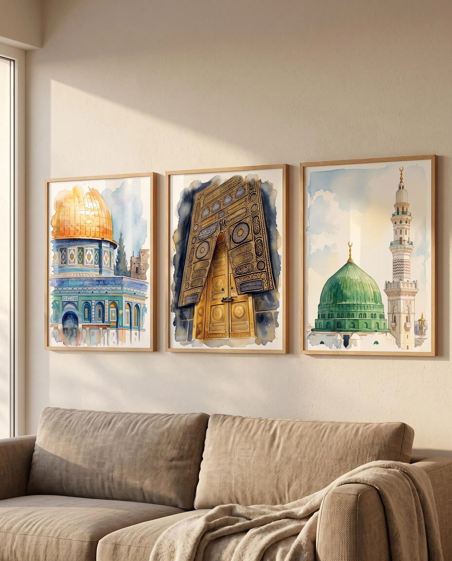 Islamic Poster Set of 3 | Kaaba, An Nabawi, Al Aqsa Watercolor Painting, Muslim Holy Sites Wall Art Set - image 3