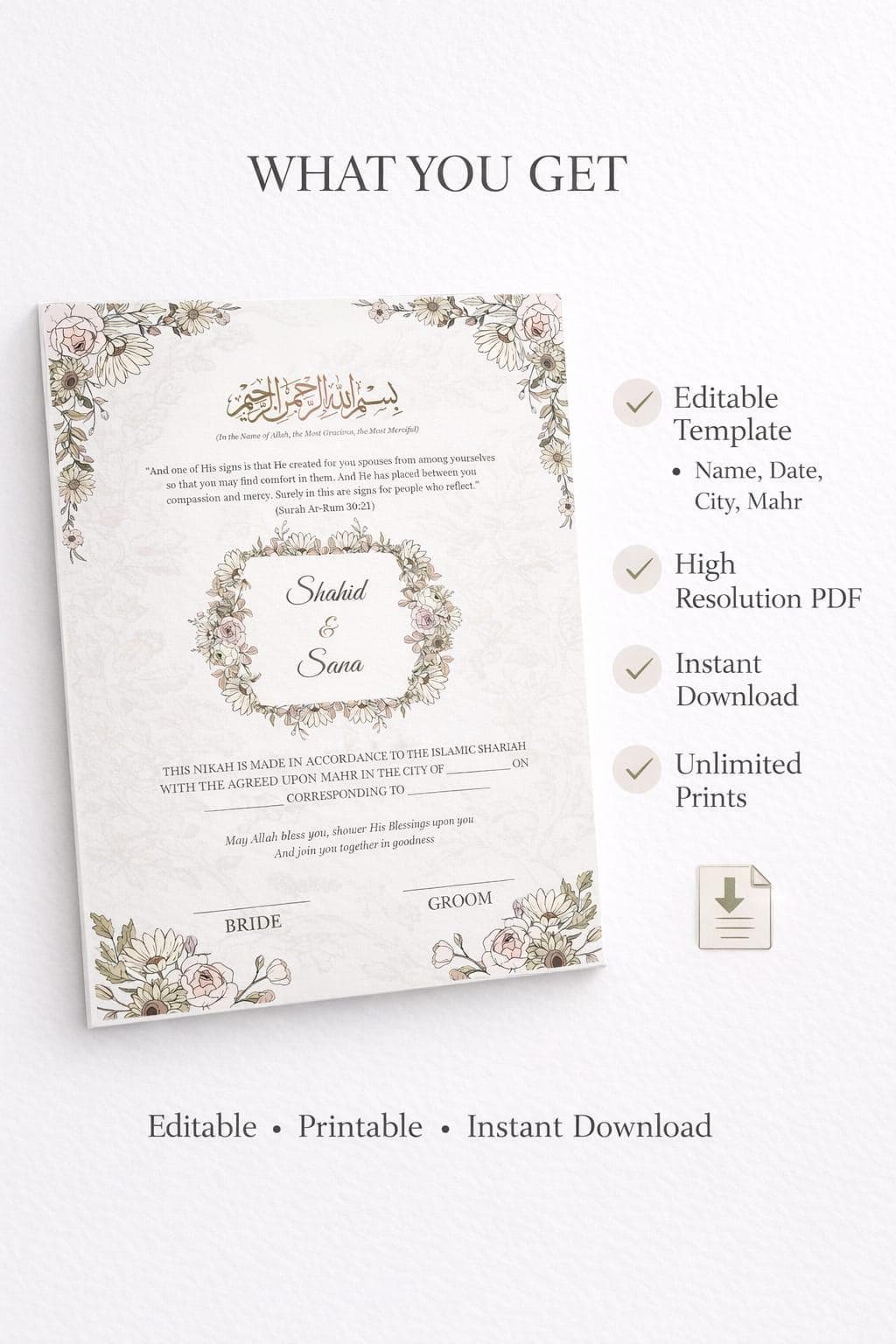 Editable Nikah Certificate Canva Template | Minimal Blush Neutral Floral Islamic Marriage Certificate Printable - image 4