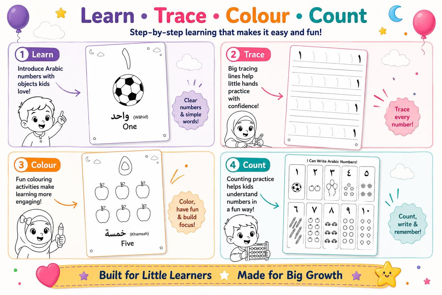 Arabic Numbers Workbook | Trace, Count, Colour | Preschool Islamic Activity (PDF Download) - image 3