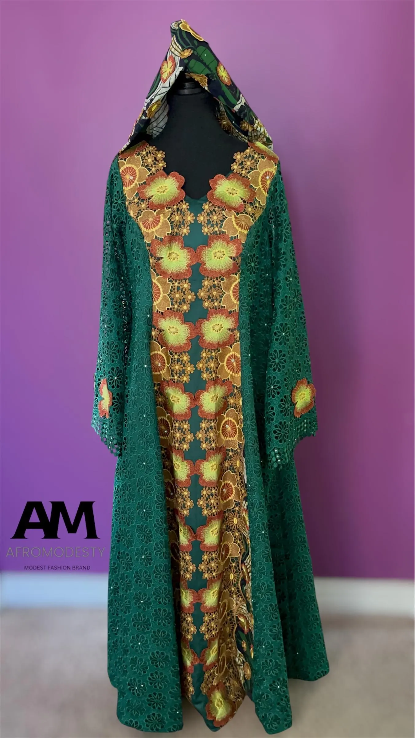 Women's African Dresses with Head Wrap: Ankara Wax, Ruffled Neckline, Guipure Lace - image 2