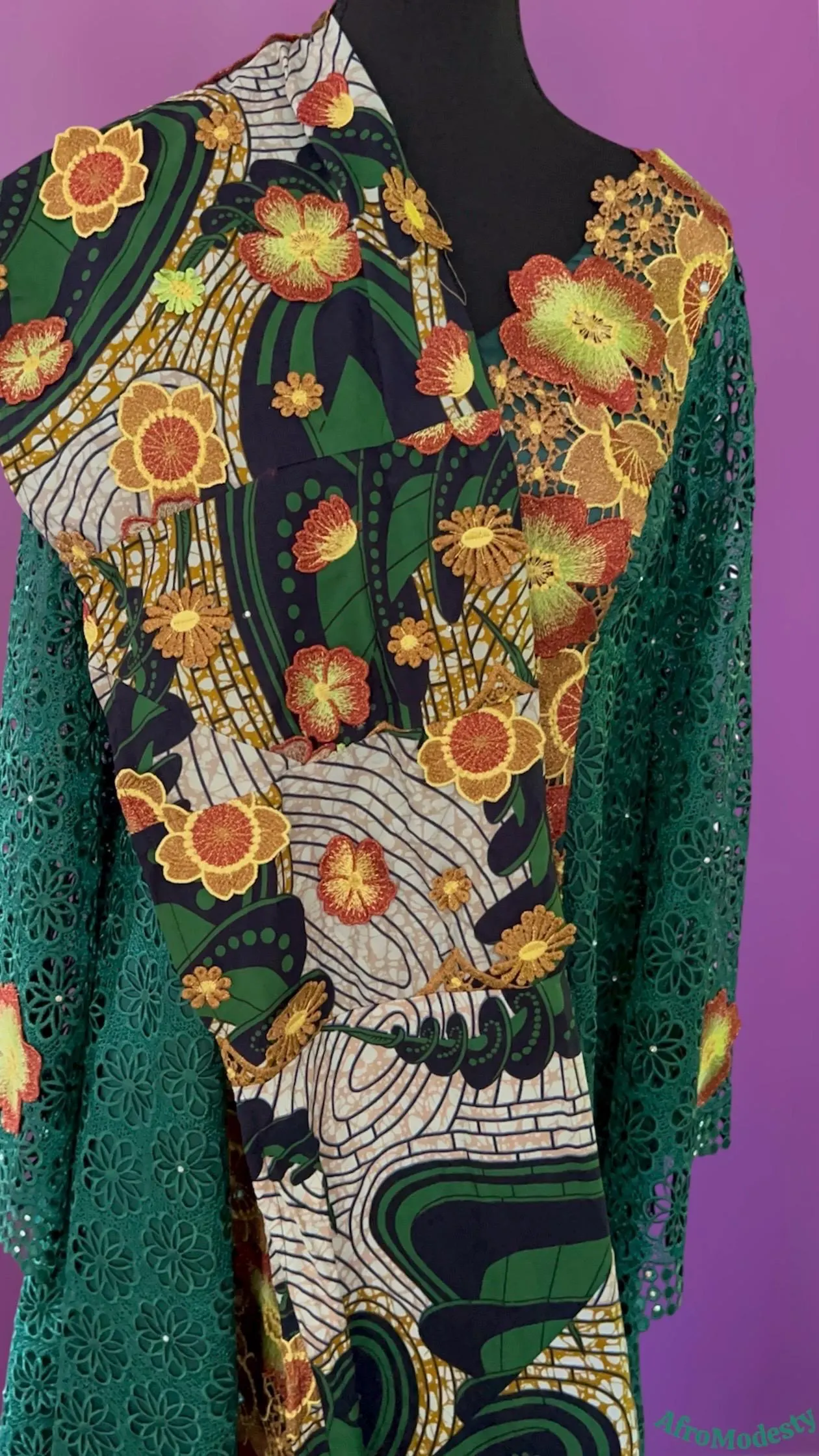 Women's African Dresses with Head Wrap: Ankara Wax, Ruffled Neckline, Guipure Lace - image 3