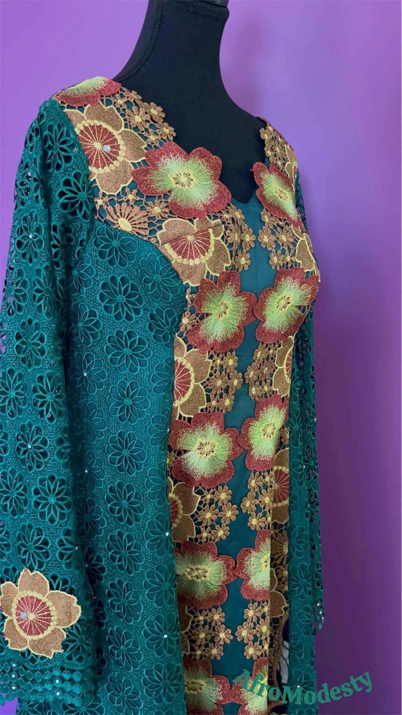 Women's African Dresses with Head Wrap: Ankara Wax, Ruffled Neckline, Guipure Lace