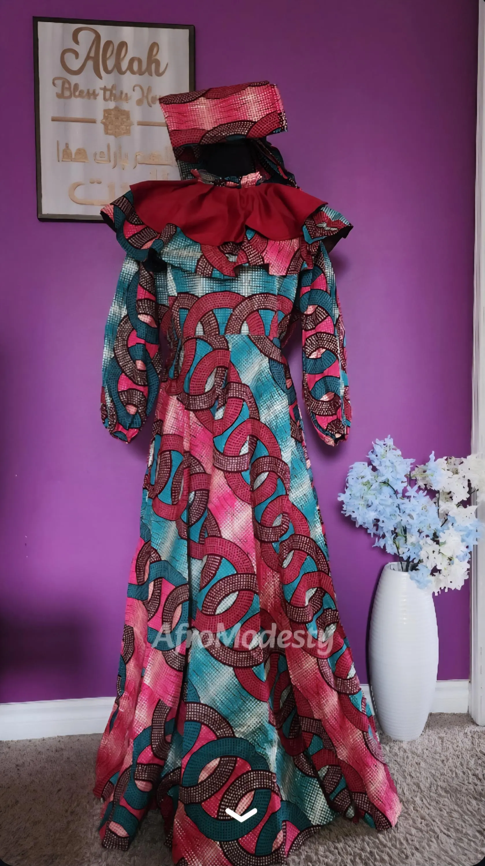 Women's African Dresses with Head Wrap: Ankara Wax, Ruffled Neckline, Guipure Lace - image 4