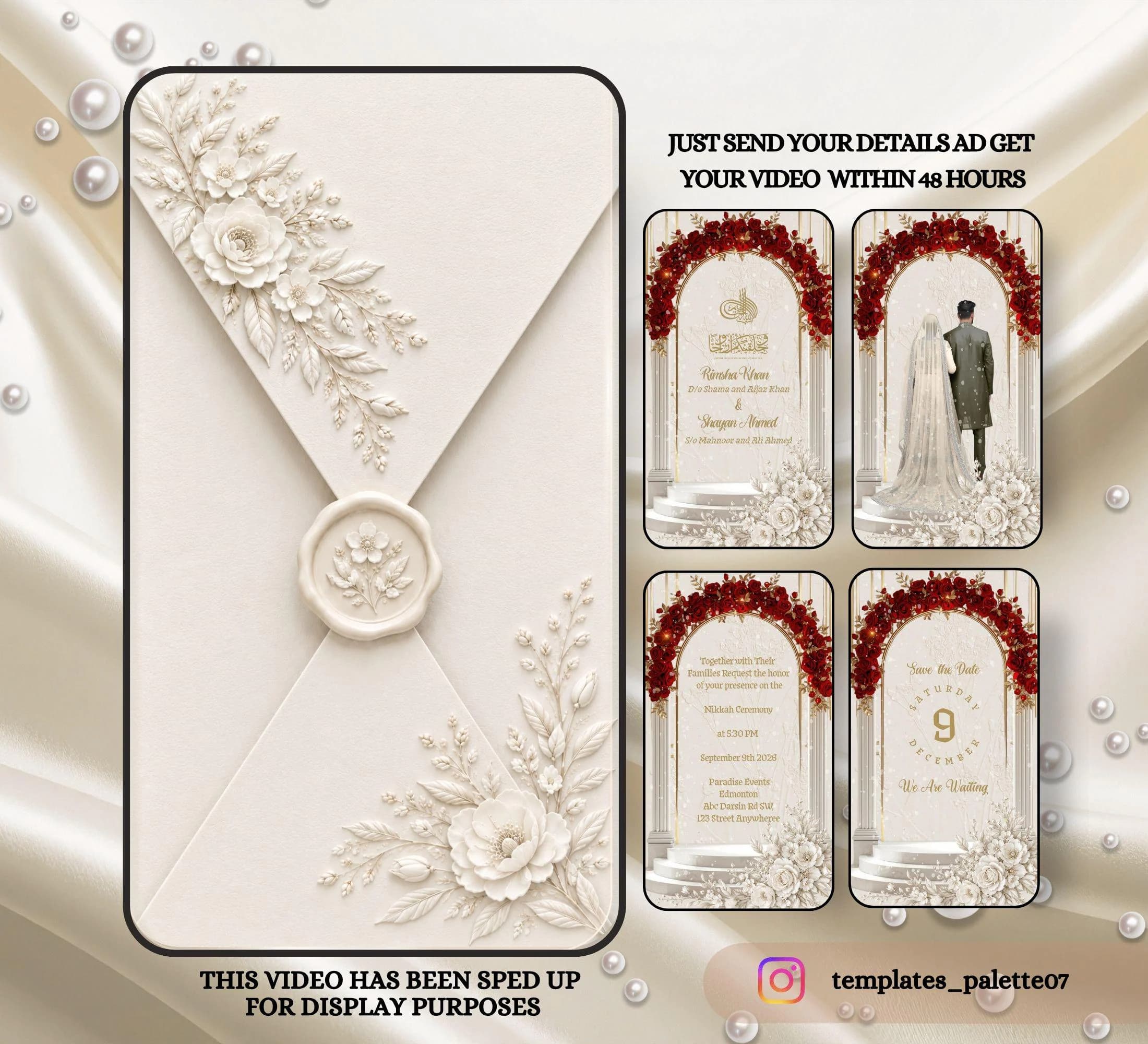 Animated Muslim Wedding Invitation Video, Burgundy Roses Arch Nikkah Template, Luxury white Nikah Invite, Editable Canva Mobile e invite,