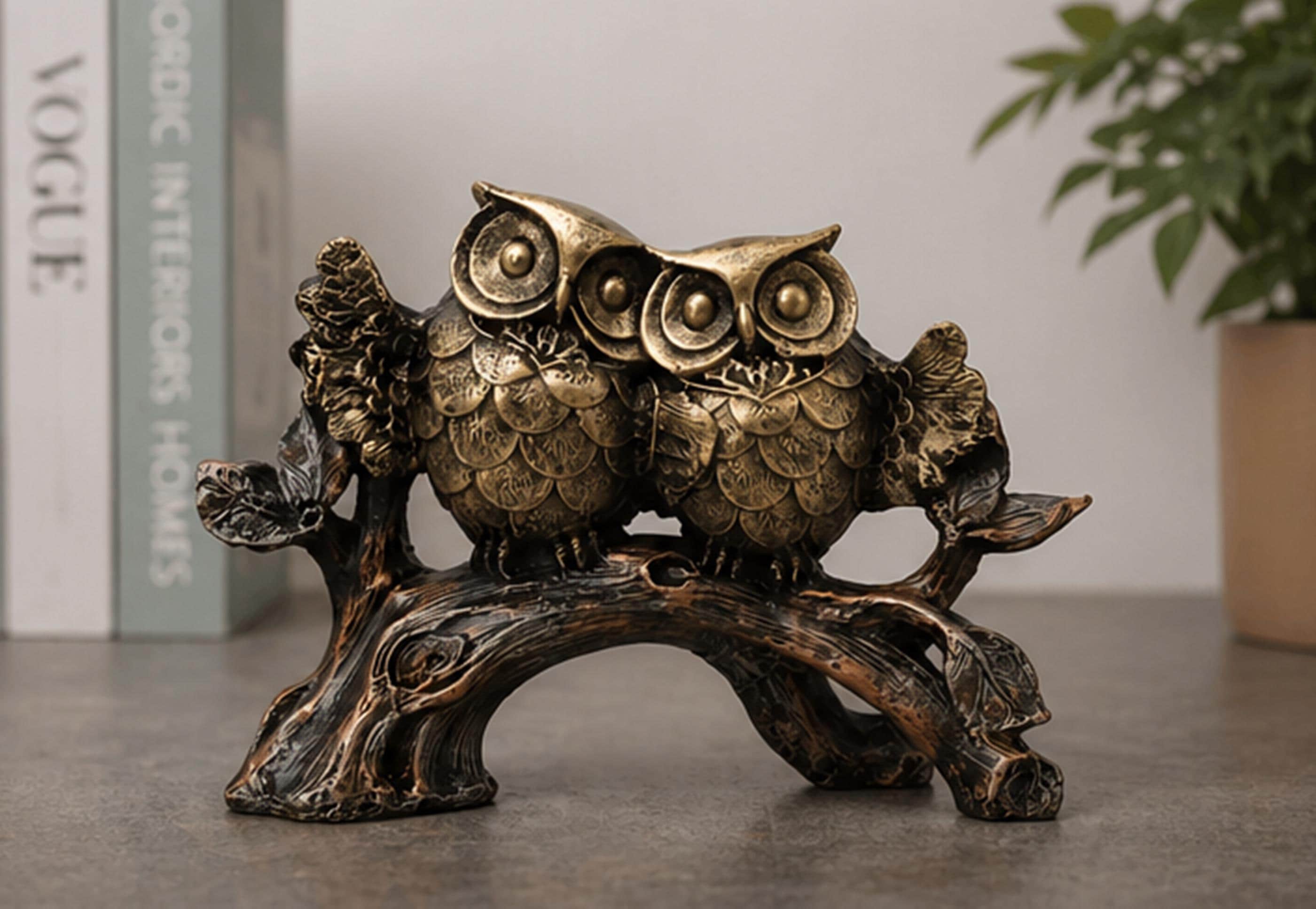 Vintage Owl Couple Statue on Branch, Antique Bronze Owl Figurine, Rustic Home Decor - image 3