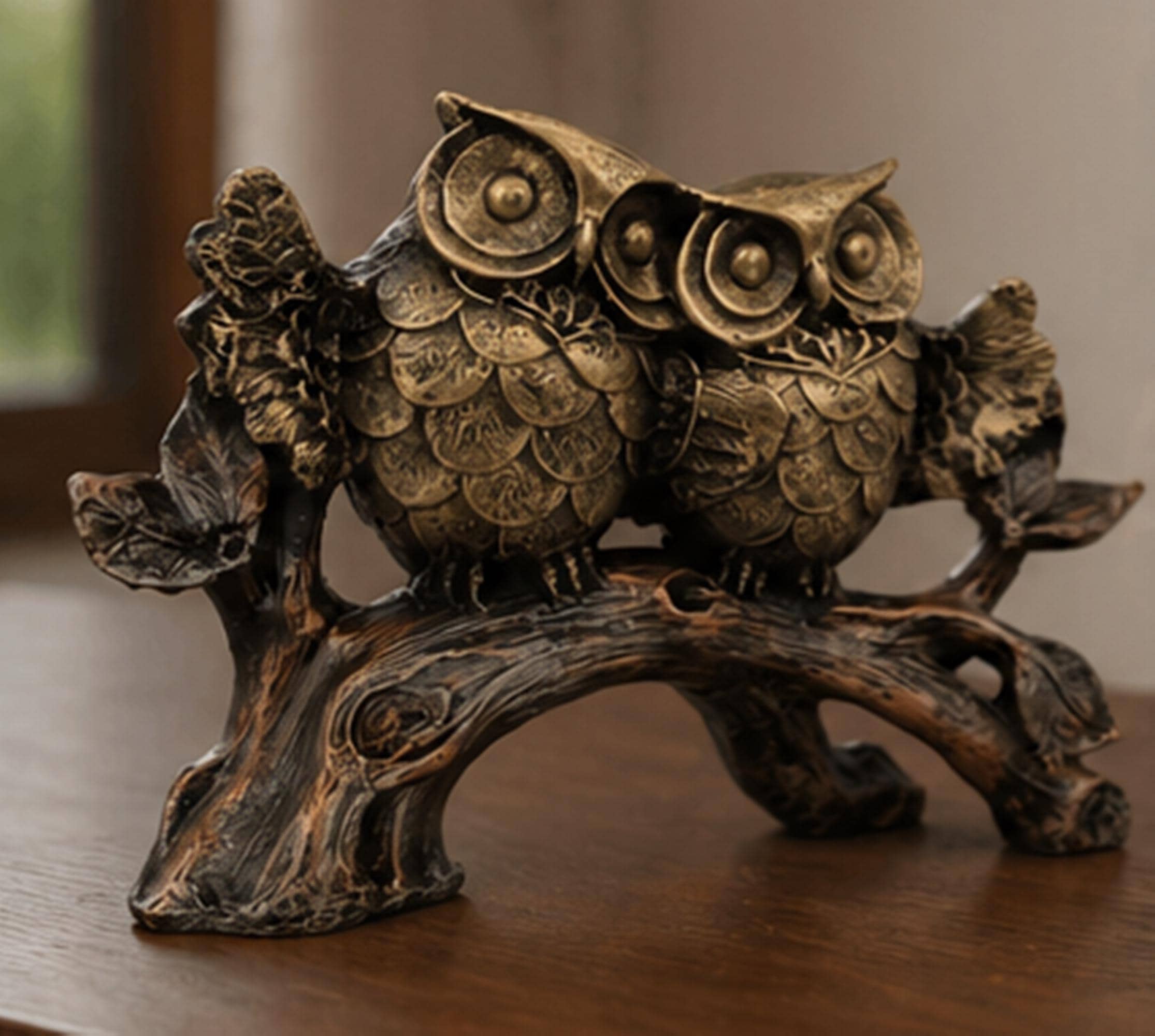 Vintage Owl Couple Statue on Branch, Antique Bronze Owl Figurine, Rustic Home Decor
