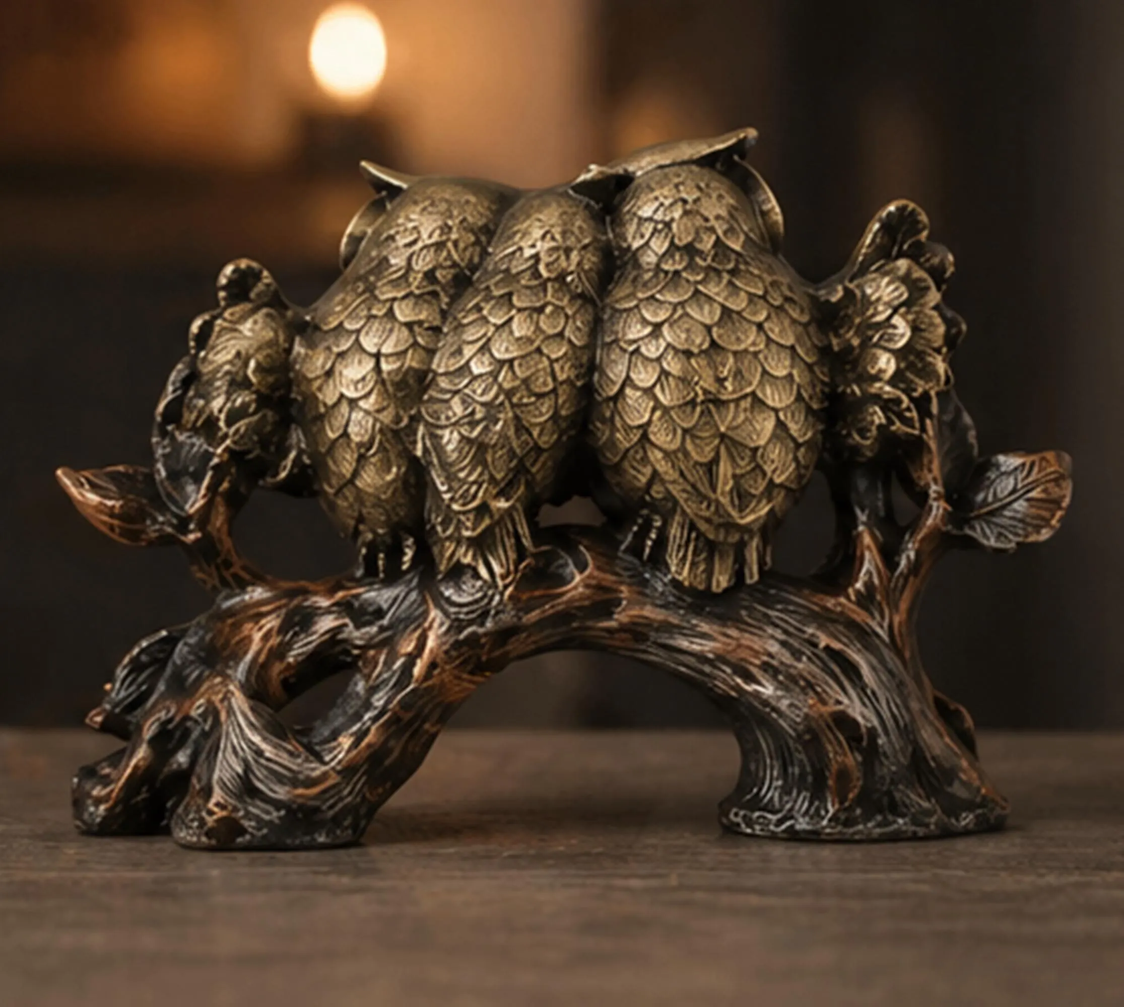 Vintage Owl Couple Statue on Branch, Antique Bronze Owl Figurine, Rustic Home Decor - image 4