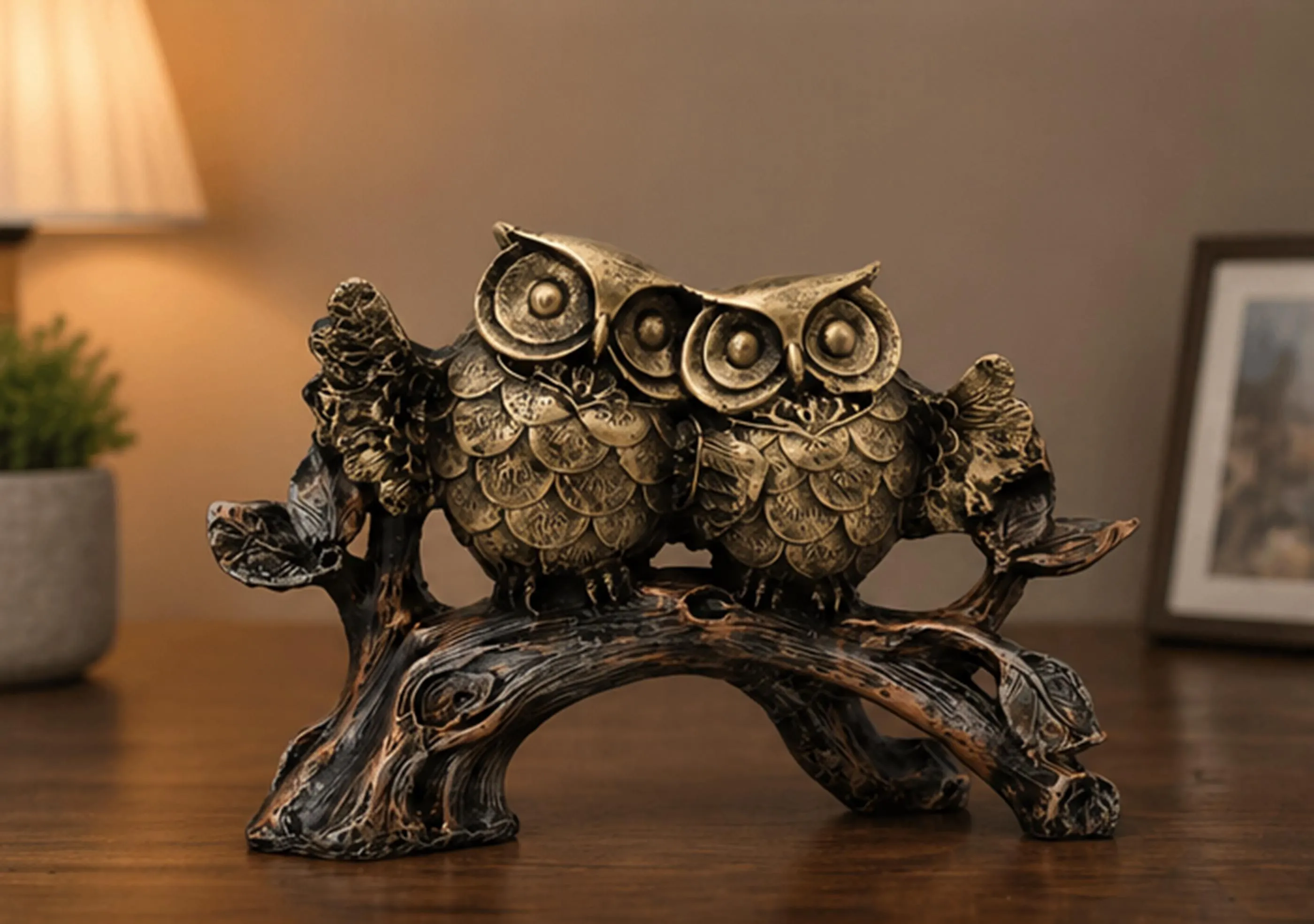 Vintage Owl Couple Statue on Branch, Antique Bronze Owl Figurine, Rustic Home Decor - image 2