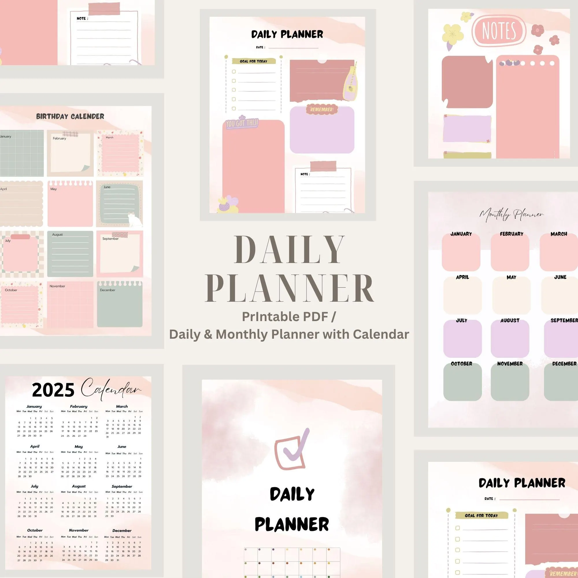 Daily Planner Printable: Monthly Calendar, Notes, Birthday Tracker (PDF Download) - image 3