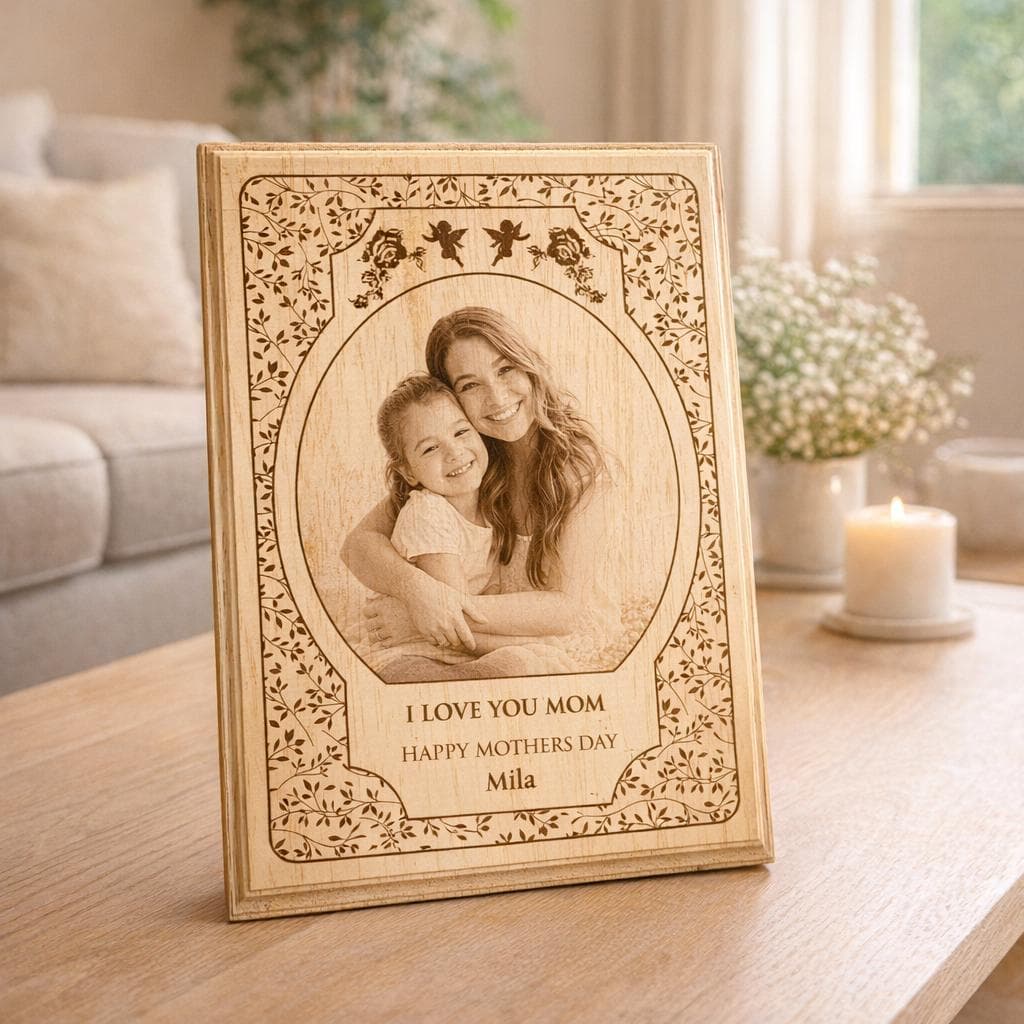 Personalised Wooden Photo Frame, Engraved Photo Gift for Mom, Custom Mothers Day Gift, Photo on Wood, Family Keepsake