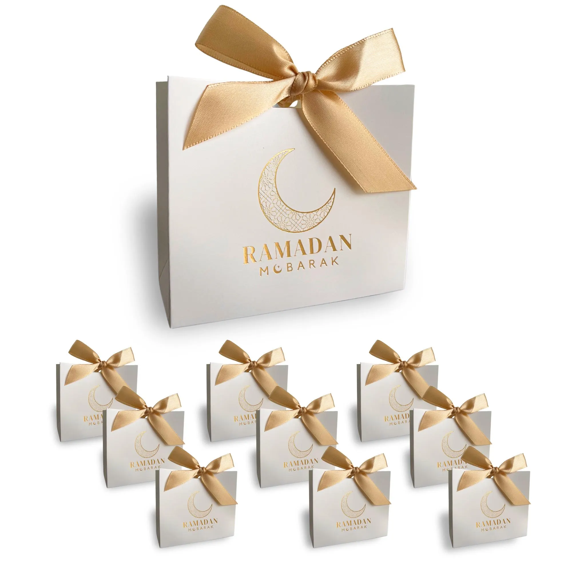 Premium Ramadan Mubarak Gift Bags | White Favor Bags with Gold Foil Design | Ribbons Included | Traditional Crescent Moon Design | Set of 10 - image 3