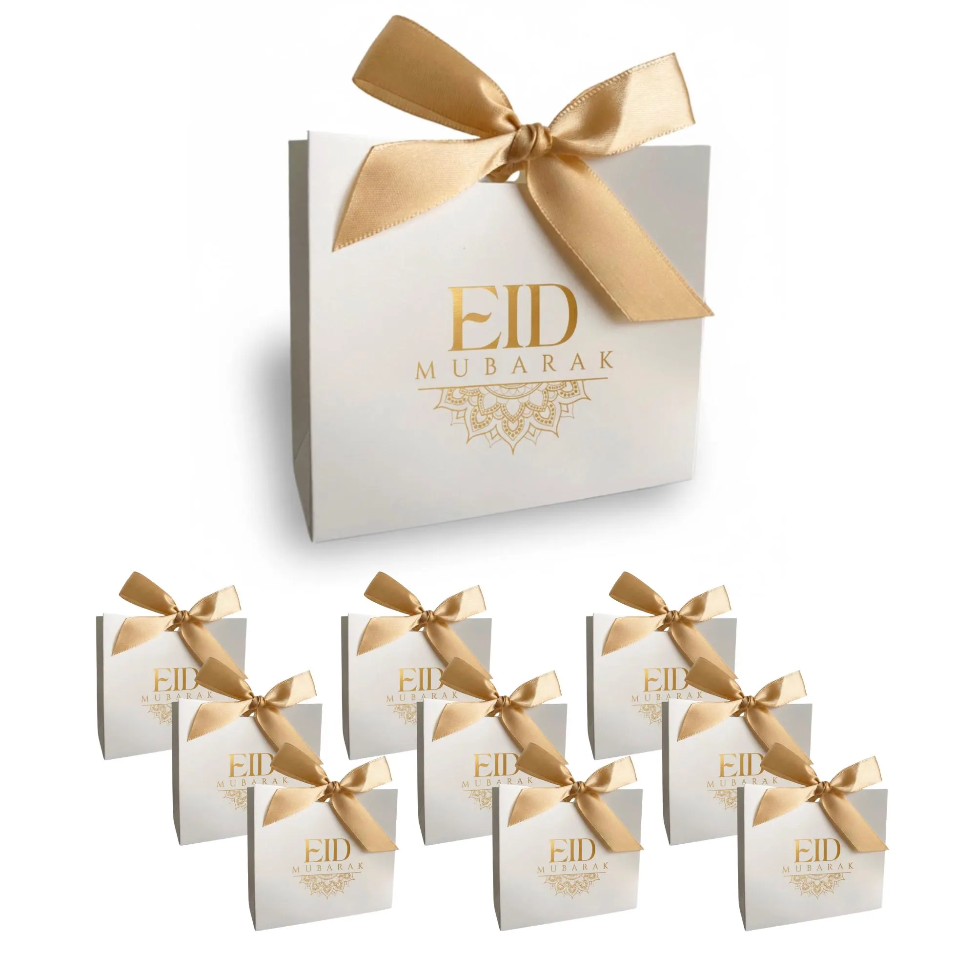 Premium Eid Mubarak Gift Bags | White Favor Bags with Gold Foil Design | Ribbons Included | Beautiful Traditional Luxe Style | Set of 10 - image 3