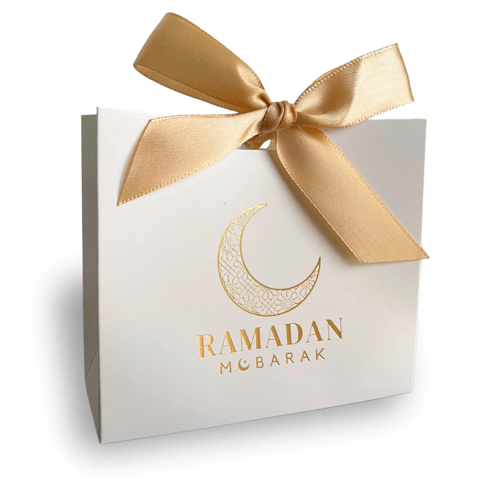 Premium Ramadan Mubarak Gift Bags | White Favor Bags with Gold Foil Design | Ribbons Included | Traditional Crescent Moon Design | Set of 10 - image 4