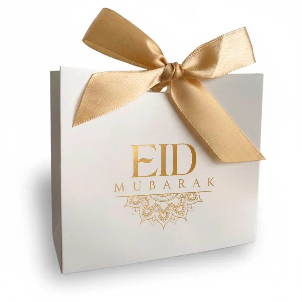 Premium Eid Mubarak Gift Bags | White Favor Bags with Gold Foil Design | Ribbons Included | Beautiful Traditional Luxe Style | Set of 10 - image 4