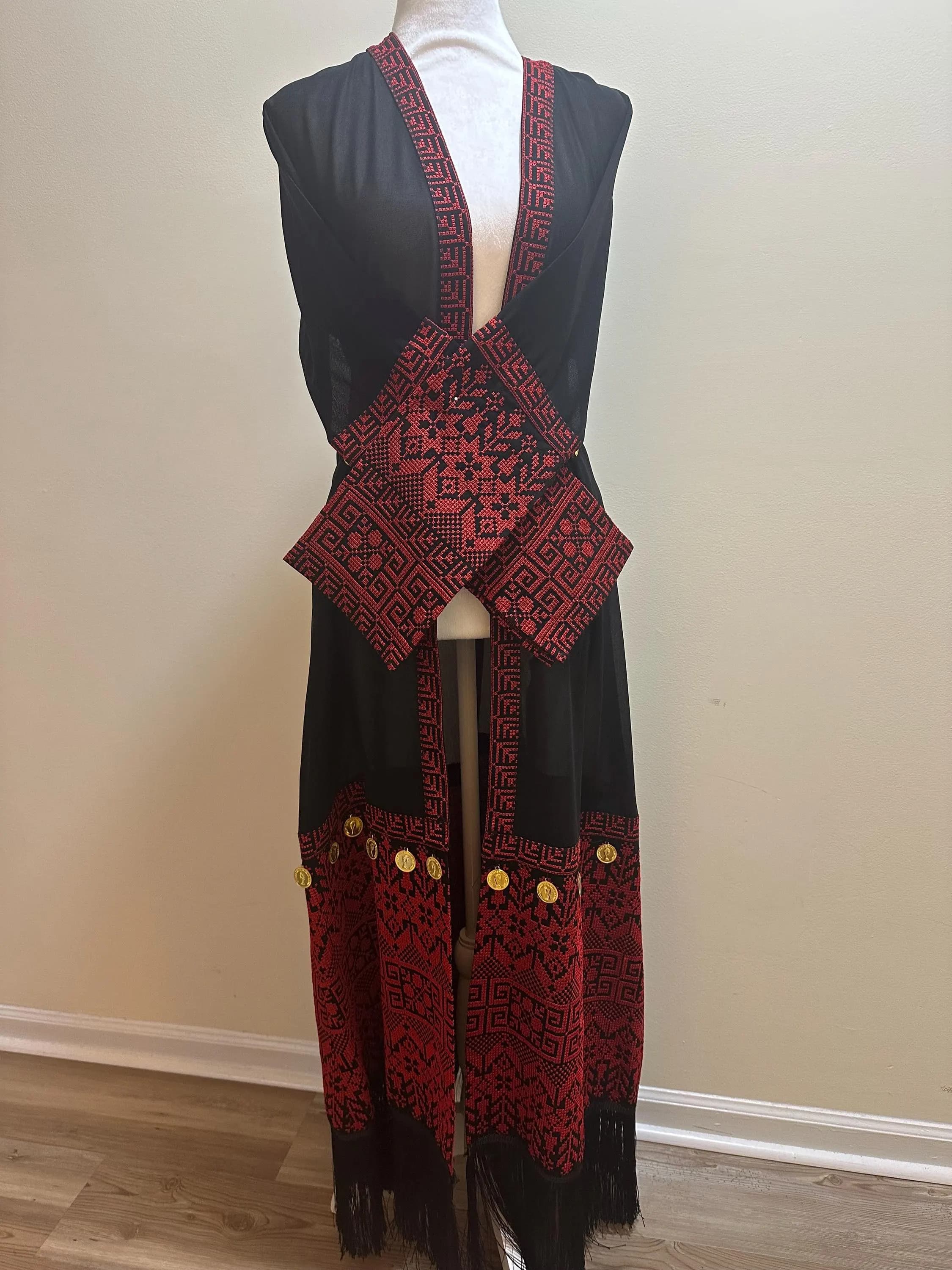 Palestinian Embroidered Abaya, Black Chiffon Kaftan, Gold Coin Accents - image 5
