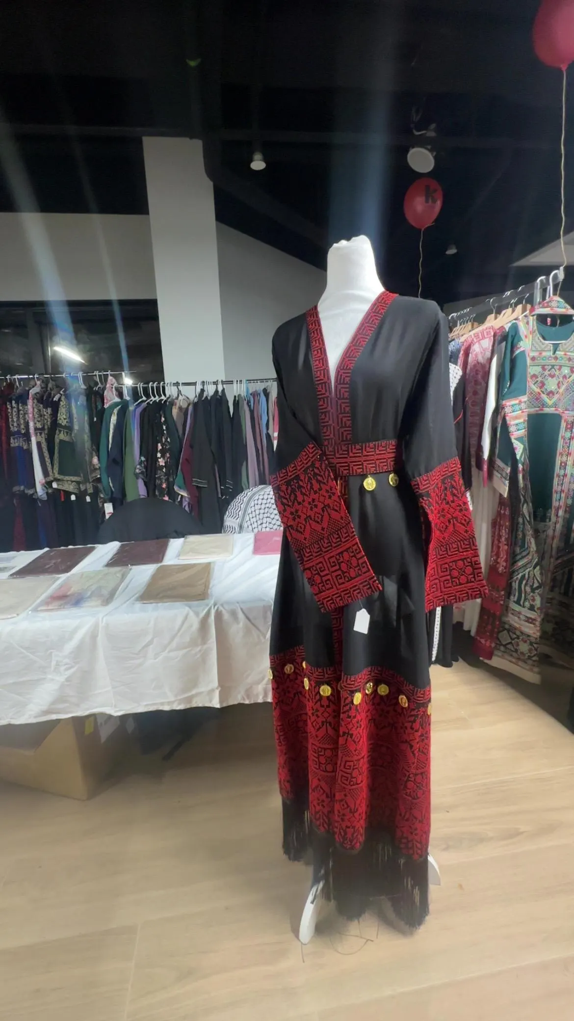 Palestinian Embroidered Abaya, Black Chiffon Kaftan, Gold Coin Accents - image 3